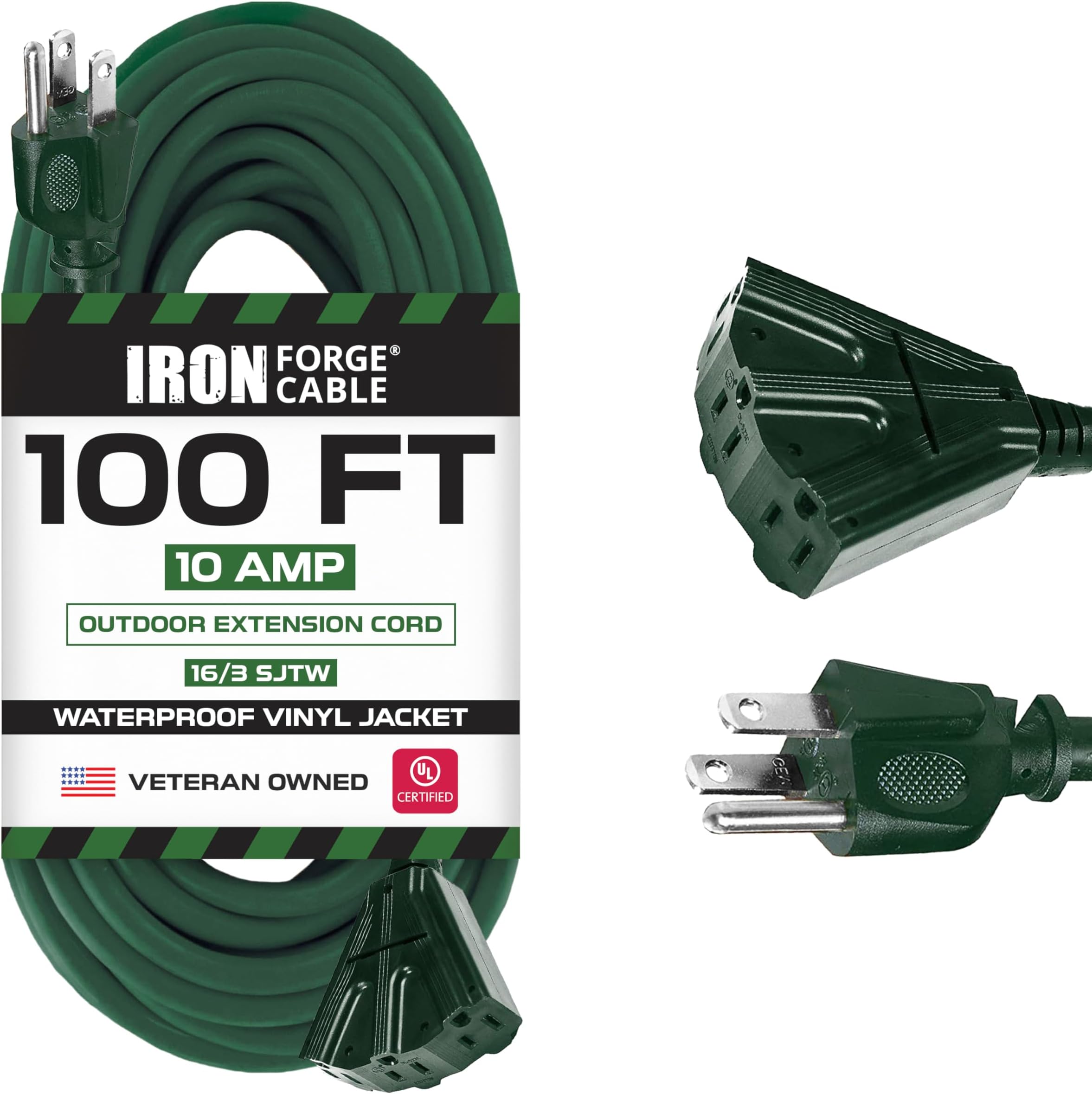100ft Green Outdoor Extension Cord with 3 Outlets - 16/3 SJTW 100ft Extension Cord 3 Prong, 10 Amp All-Weather Heavy Duty Power Cable