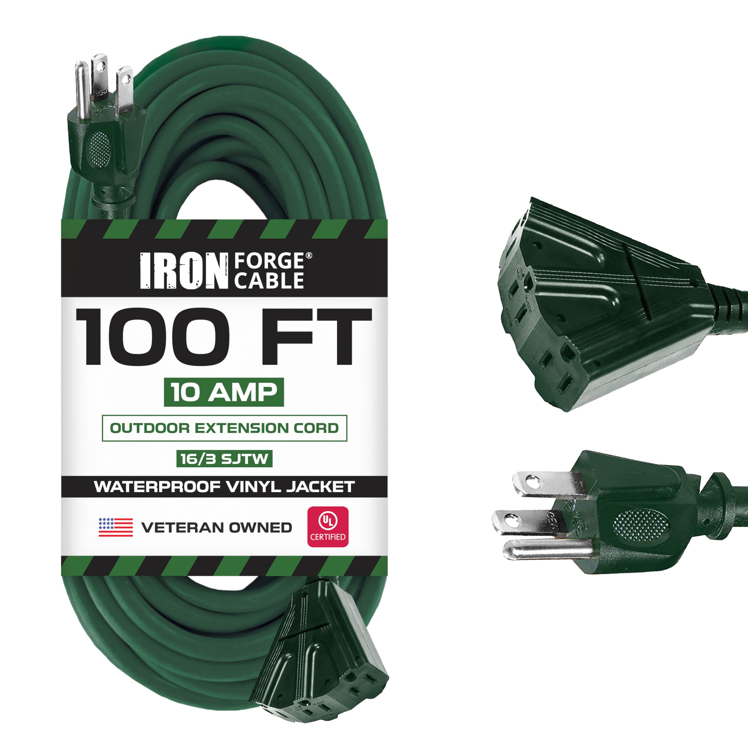 Iron Forge Cable 100ft Green Outdoor Extension Cord with 3 Outlets - 16/3 SJTW 100ft Extension Cord 3 Prong, 10 Amp All-Weather Heavy Duty Power Cable