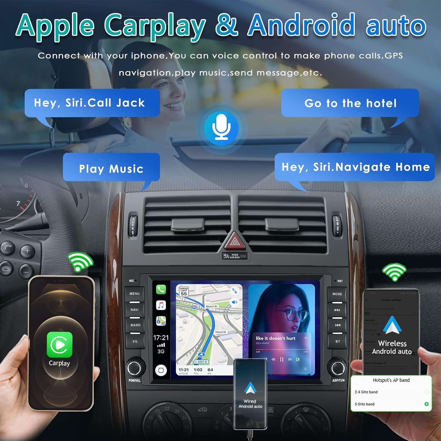 Car stereo display showing Apple CarPlay and Android Auto interfaces with voice commands like 'Hey Siri, Call Jack' and 'Hey Siri, Navigate Home'. Also shows a smartphone displaying CarPlay and another showing Wireless Android Auto.