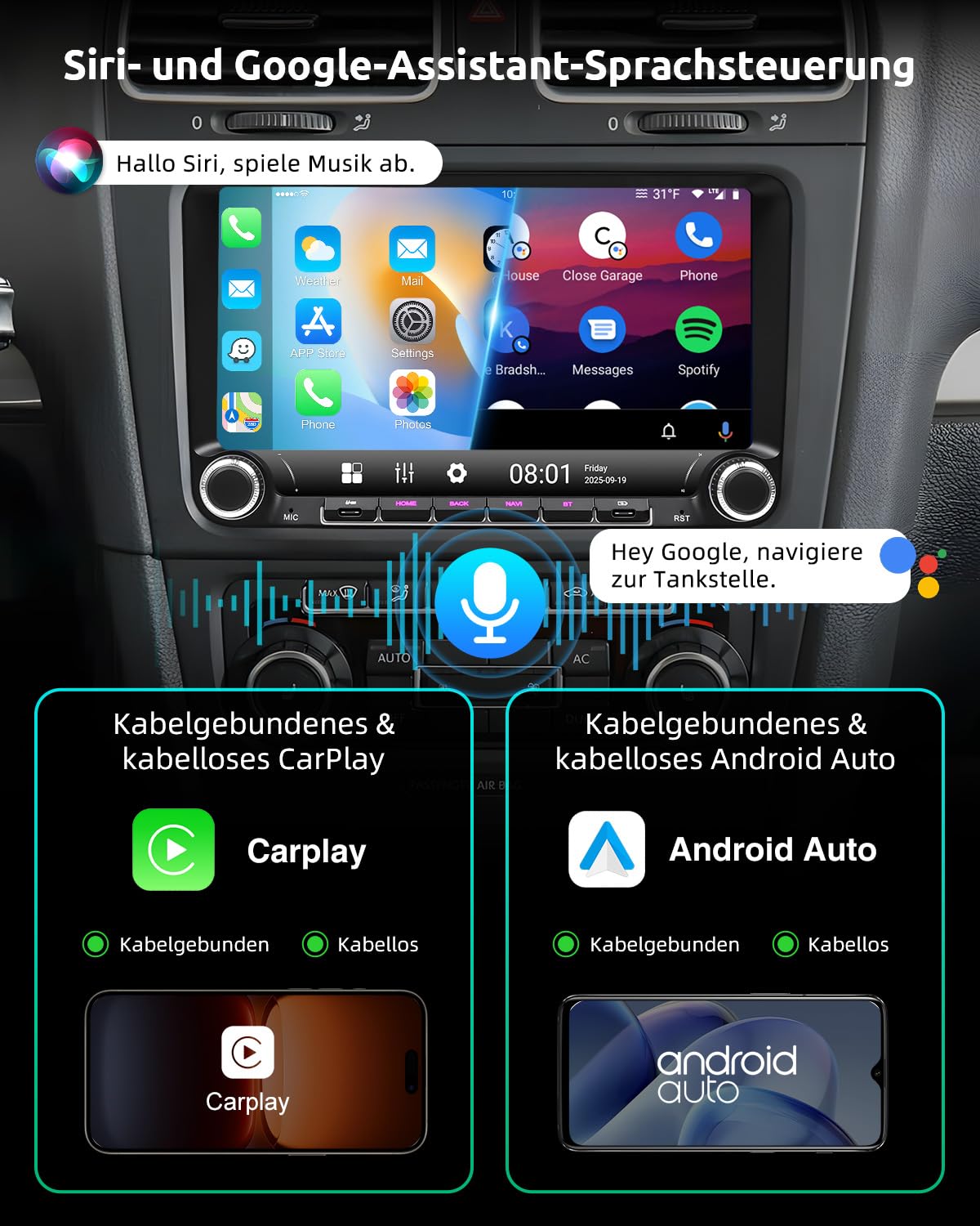 ESSGOO Android 14 Autoradio für VW Golf 5/6, T5, Passat, Polo, Touran, Tiguan, Caddy, Seat – 9" Touchscreen mit Wireless CarPlay/Android Auto, Plug & Play, 4+64GB, GPS Navi, Bluetooth