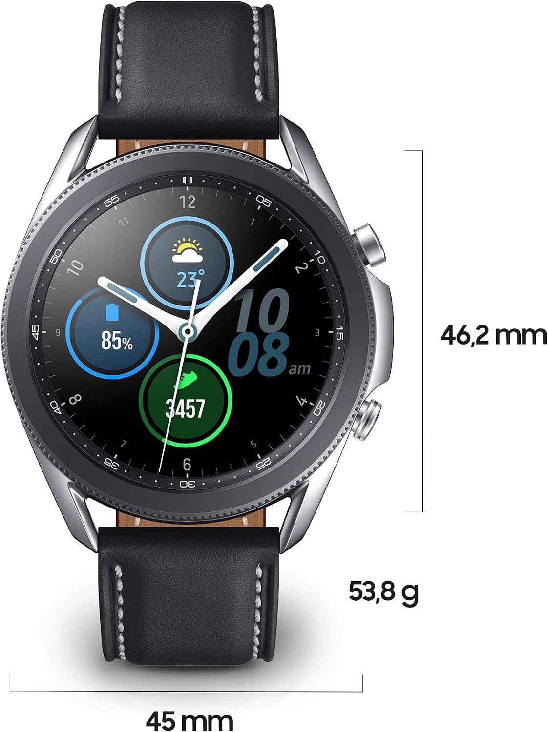 Samsung Galaxy Watch 3 Smartwatch Bluetooth, behuizing 45 mm, staal,  lederen band, valherkenning, sportbewaking, accu 340 mAh, IP68, zilver  (Mystic Silver) [Italiaanse versie] : Amazon.nl: Elektronica