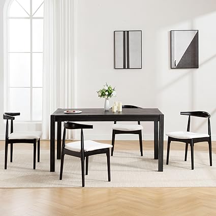 Wood Dining Chairs Set of 4, Linen Fabric Dining Chairs with Open Curved Back, Mid Century Modern Dining Room Chairs Farmhouse Kitchen Chairs for Dining Room Restaurant -Black Wood Finish, Beige