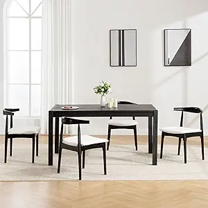 Wood Dining Chairs Set of 4, Linen Fabric Dining Chairs with Open Curved Back, Mid Century Modern Dining Room Chairs Farmhouse Kitchen Chairs for Dining Room Restaurant -Black Wood Finish, Beige