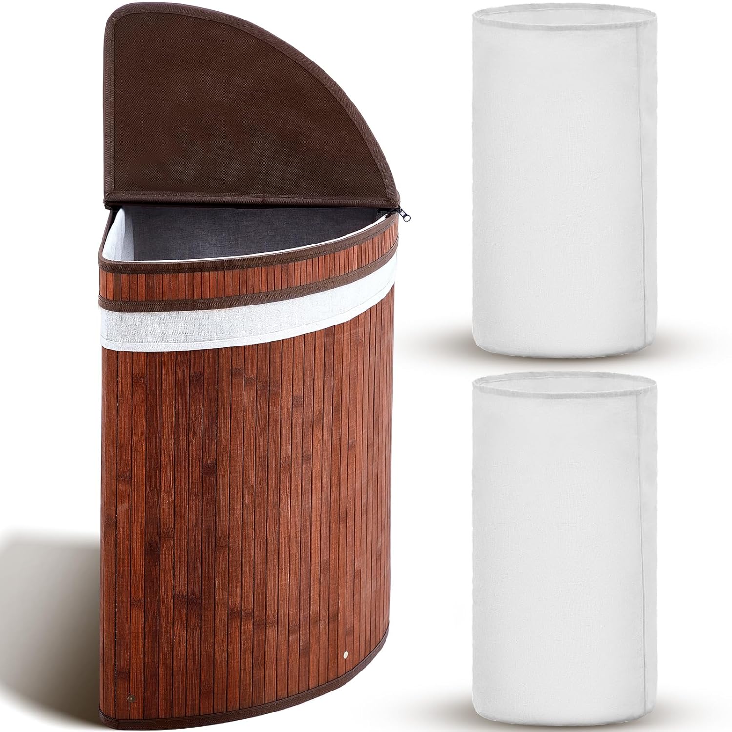 Gueevin Corner Laundry Hamper with Lid and 2 Removable Cloth Liners Bamboo Corner Laundry Basket Collapsible Clothes Basket