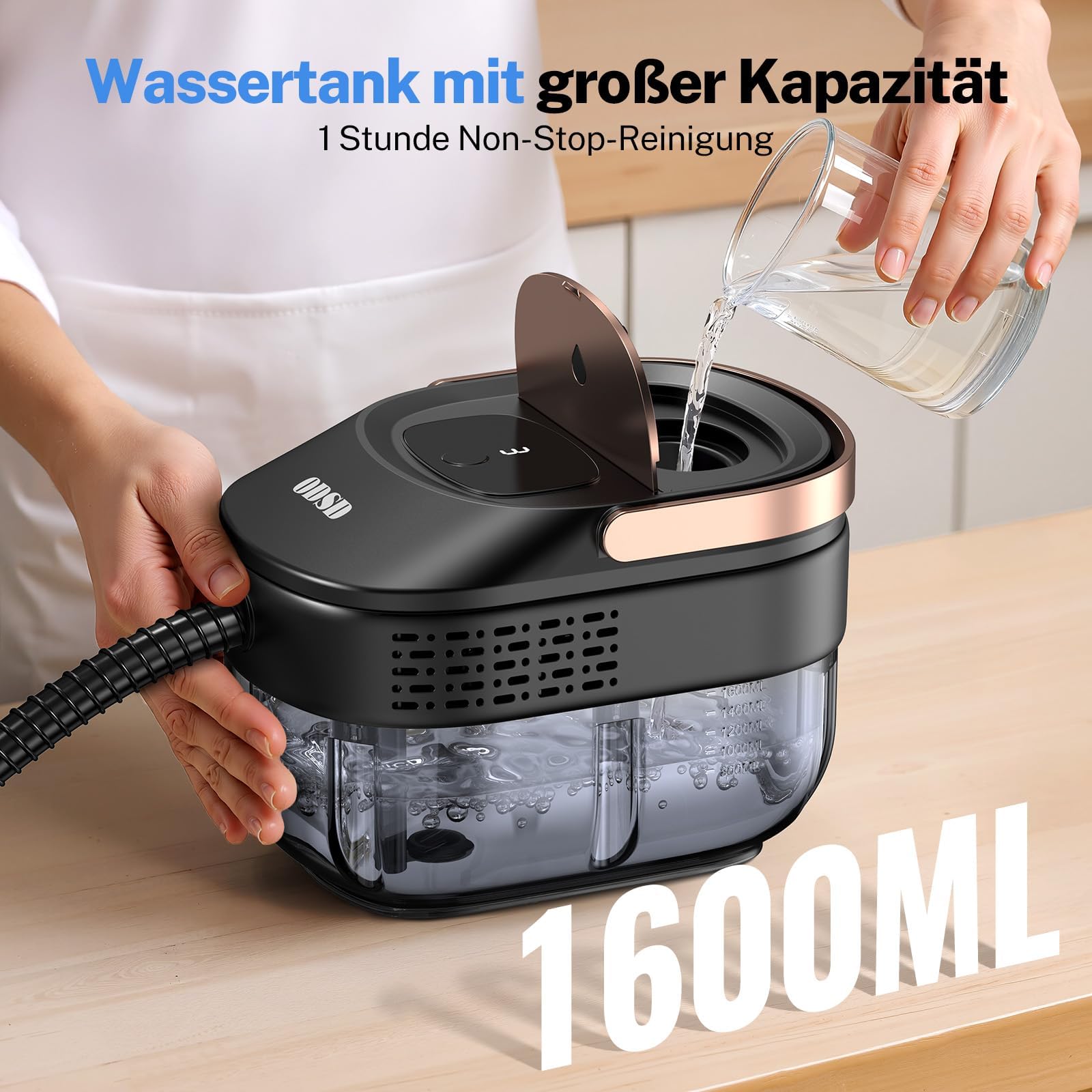 ODSD Dampfreiniger für Haushalt und Auto, 3-stufig einstellbarer Dampfreiniger, 15 Sekunden Aufheizzeit und 1,6 l großer Tank, Handdampfreiniger für Autos, Haushalt, Küche, Fenstern,Boden