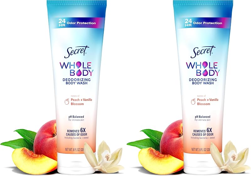 Secret Feminine Wash, 24 HR Deodorizing Feminine Body Wash for Women, Removes 6x Causes of Odor, PH Balanced, Safe to Use Everywhere, Peach & Vanilla Blossom Scent, 8.0 oz, (Pack of 2)