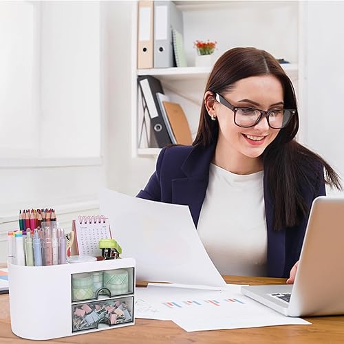 Miniatura 7 de Organizador de escritorio multifuncional, soporte de plástico para bolígrafos con 2 cajones, 3 compartimentos y una bandeja superior, pequeños