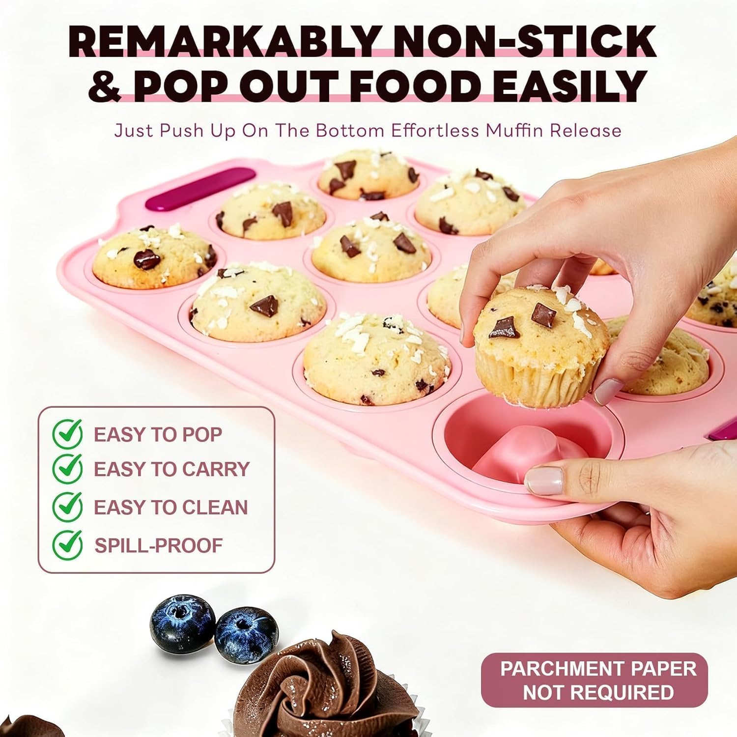 12 Cups Mini Silicone Muffin Tray with Integrated Metal Frame, Non-Stick Cupcake Muffin Pan for Even Heating, Oven Freezer Dishwasher Safe, Easy Release and Clean, Dia 2.09 Inches, Pink 2 Pcs