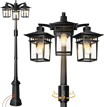 Motion Sensor Outdoor Lamp Post Light Fixture with GFCI Outlet,3-Head ...