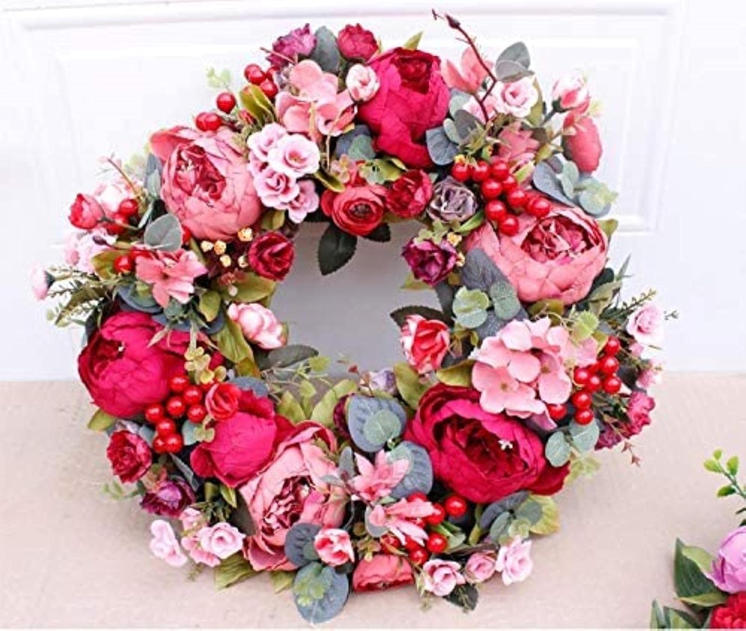 クリスマスリース 人工リース 装飾人工リース 秋の赤牡丹のリース クリスマスドアの装飾品 壁掛けリース ホームデコレーションに最適