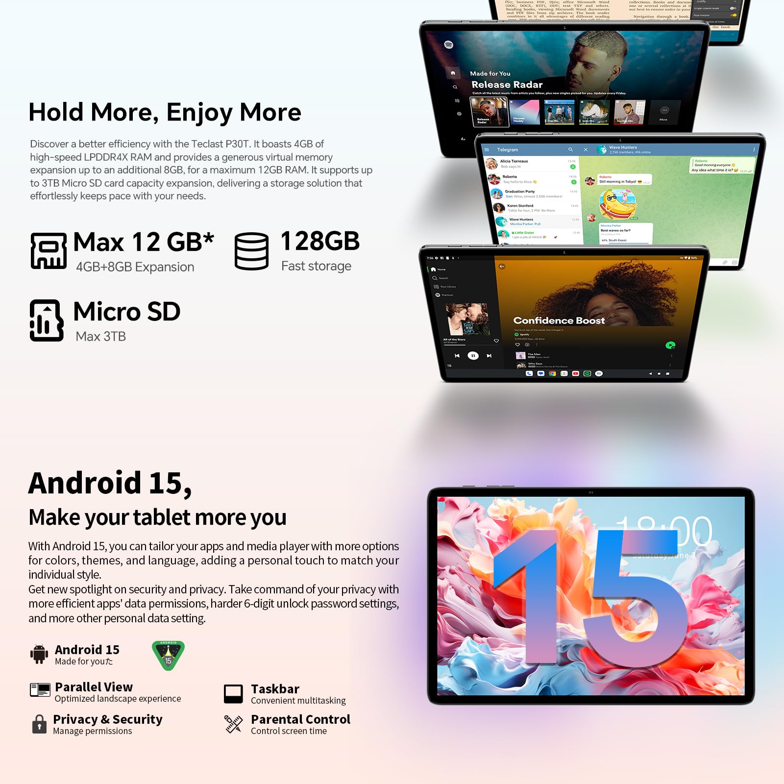 TECLAST P30T Android-15-Tablet 10.1 Pollici, 12GB RAM+128GB ROM(TF 4TB), 2GHz Octa-Core, 5G WiFi/Widevine L1/GPS/BT5/6000mAh/OTG/Tablet con Tastiera+Custodia+Penna+3.5mm Auricolari, 10 Accessori-2025