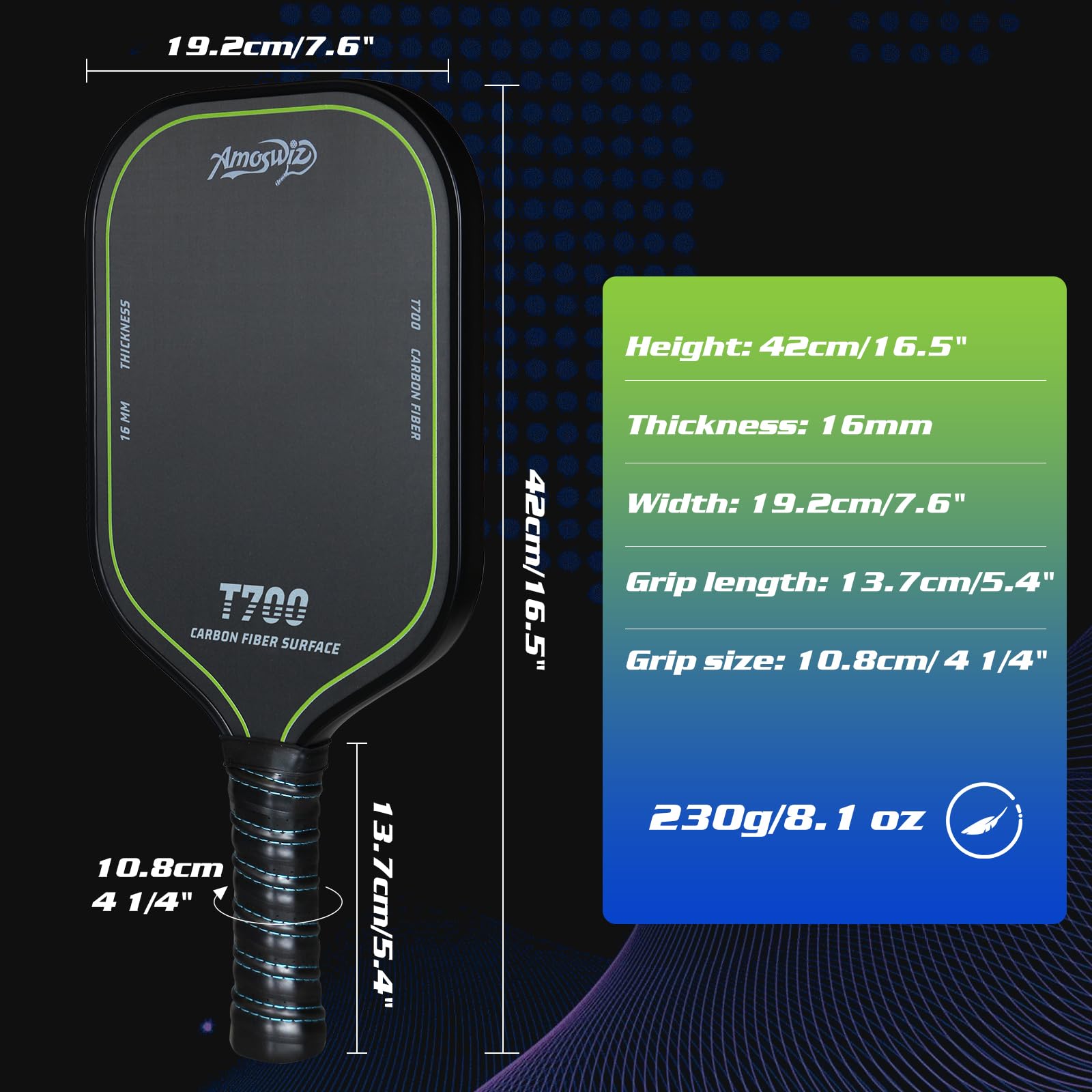 Pagaie de pickleball en fibre de carbone, pagaie de pickleball T700, 16 mm, surface texturée pour joueurs professionnels et intermédiaires