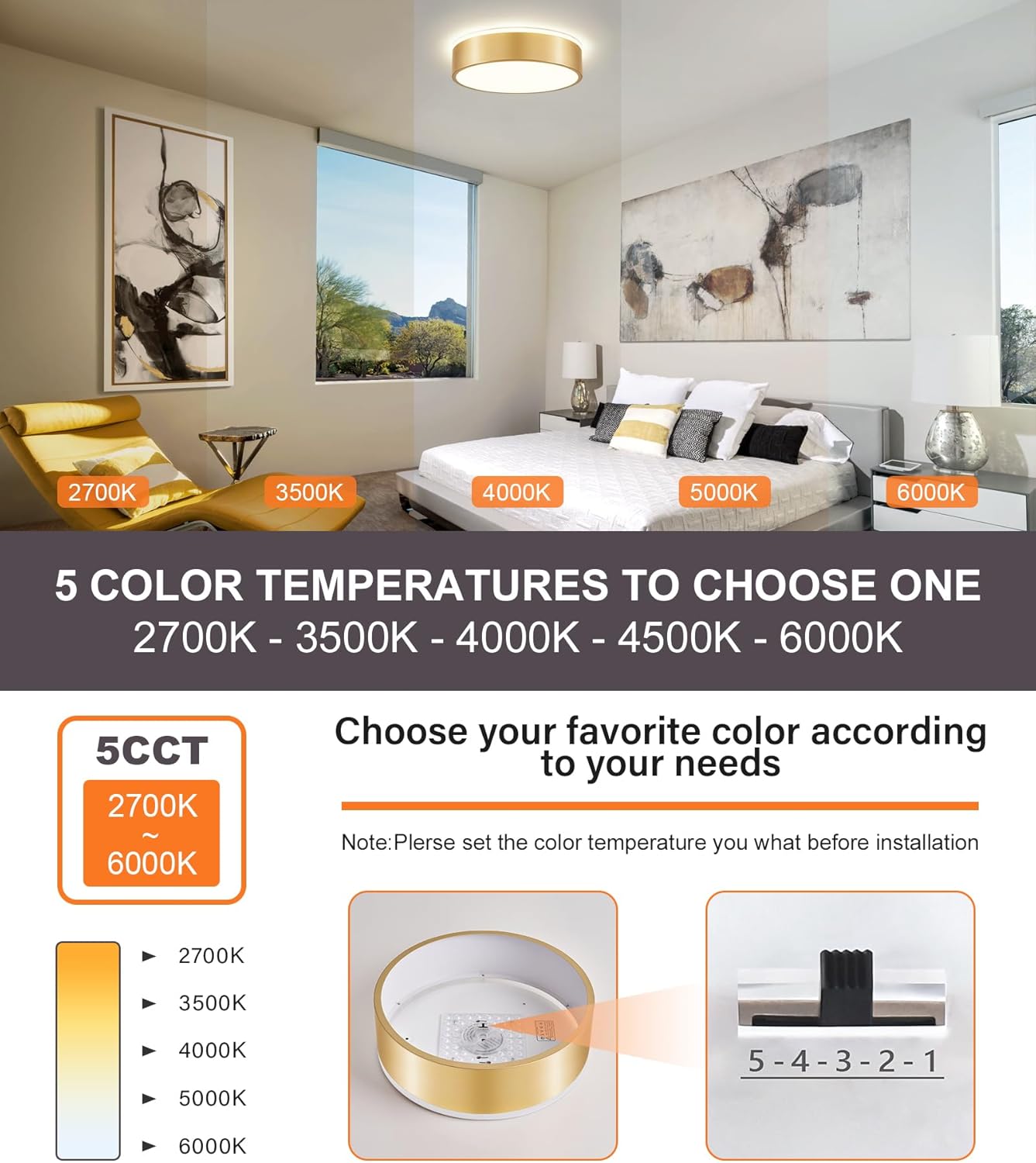 Dimmable Gold LED Ceiling Light Fixture, 5CCT 2700 K-6000 K Modern Flush Mount Ceiling Light, Round Minimalist Lighting Fixture for Bedroom, Kitchen, Laundry Room, Hallway, 11.81 Inch