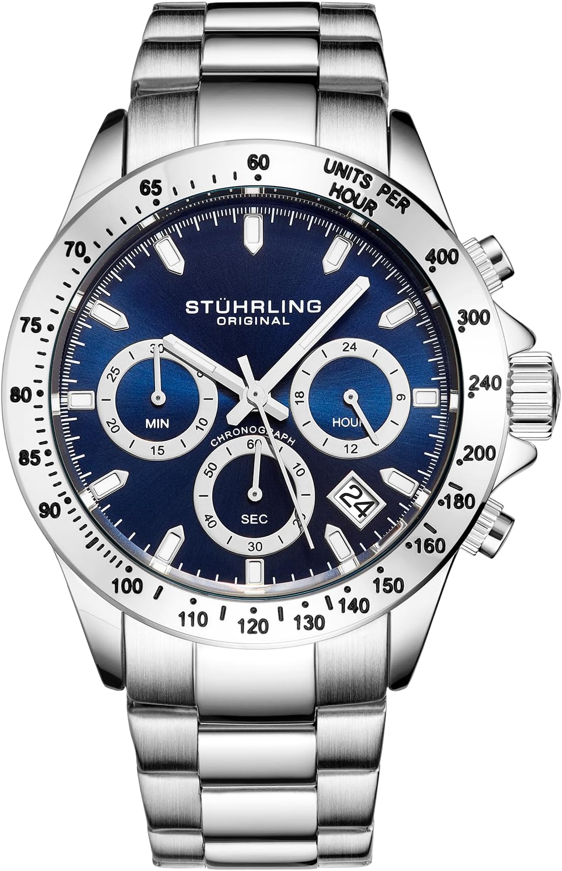 Stührling Original Men’s Chronograph Watch Blue Dial, Stainless Steel Bracelet, Quartz Analog Mens Watch, Tachymeter Sport Watch for Men, 100M Water Resistant Men’s Wrist Watch