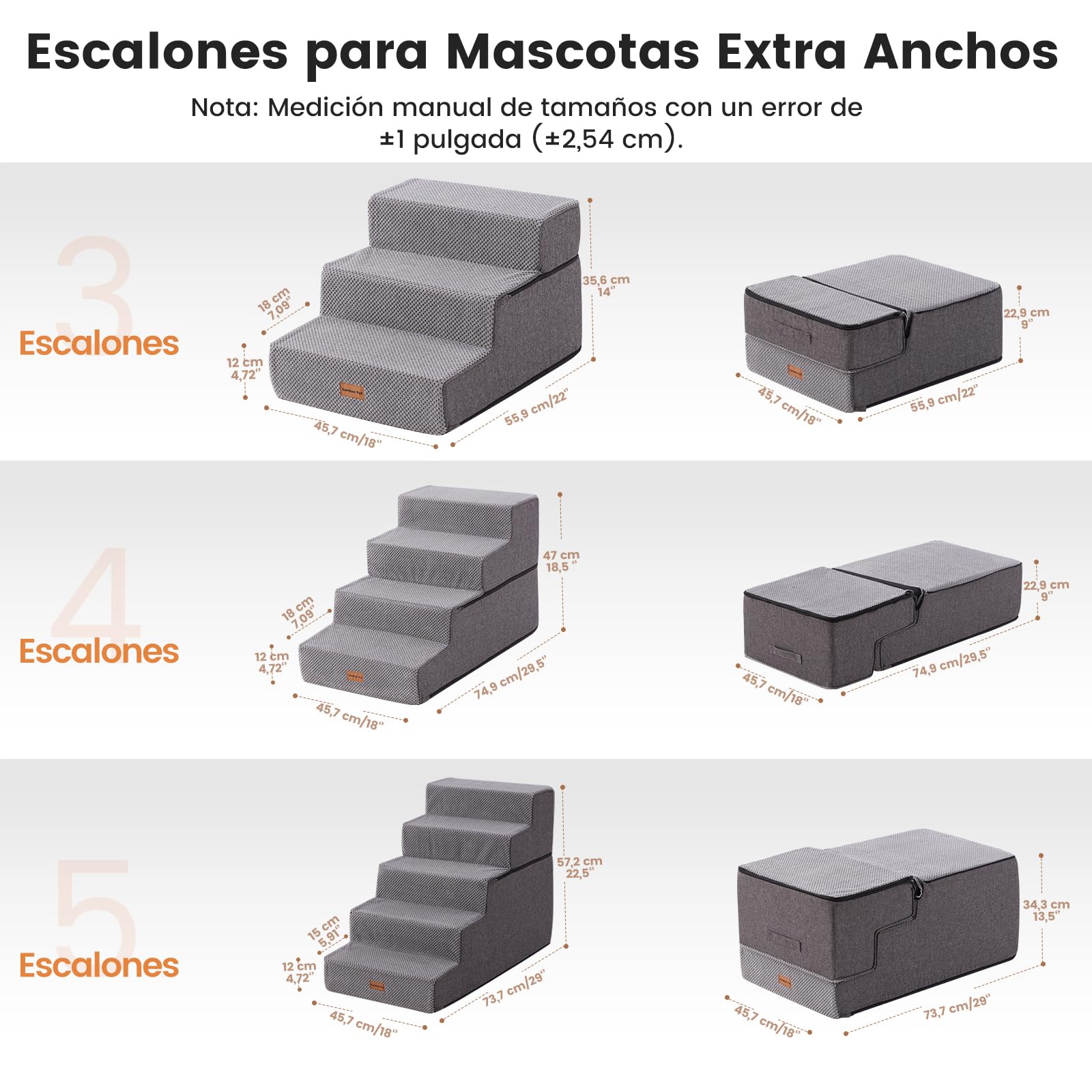 Gardner Pet Escalera para Perros Grade 3 de Espuma de Alta Densidad, 58 cm de Ancho, con Funda extraíble, Antideslizante, facilita el Acceso de Las Mascotas a sofás y Camas - Gris