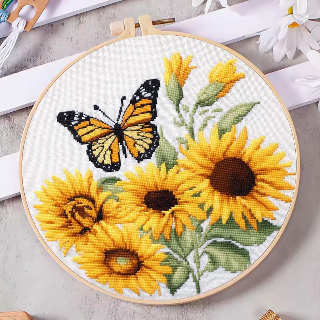 DIY Cross Stitch Kits Sunflower and Butterfly Easy for Beginners with Hoop 11CT Needlepoint Embroidery Counted Stamped Cross Stitch Set Craft Wall Decor 20x20cm(1)