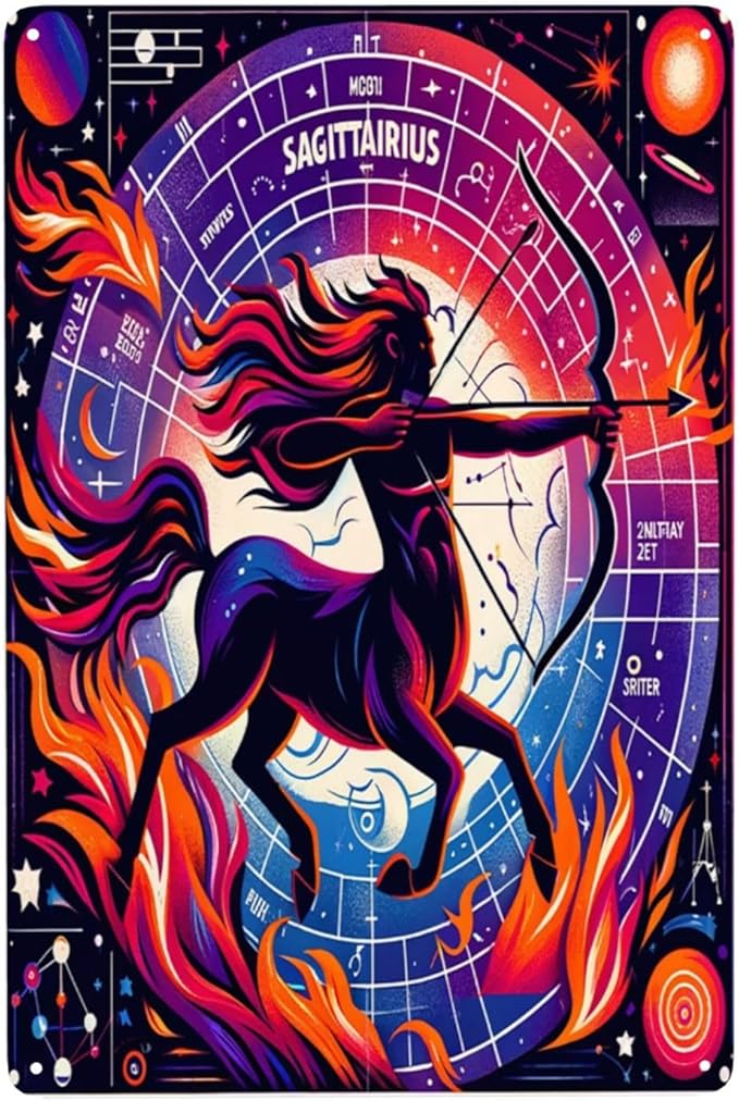 Sagittarius Badge Metal signs,Tin sign art wall decor,Exquisite artistic Tinplate plaque,Practical decorative poster,for Astrology Enthusiasts & Home Display,Stunning Artwork,8X12 inch