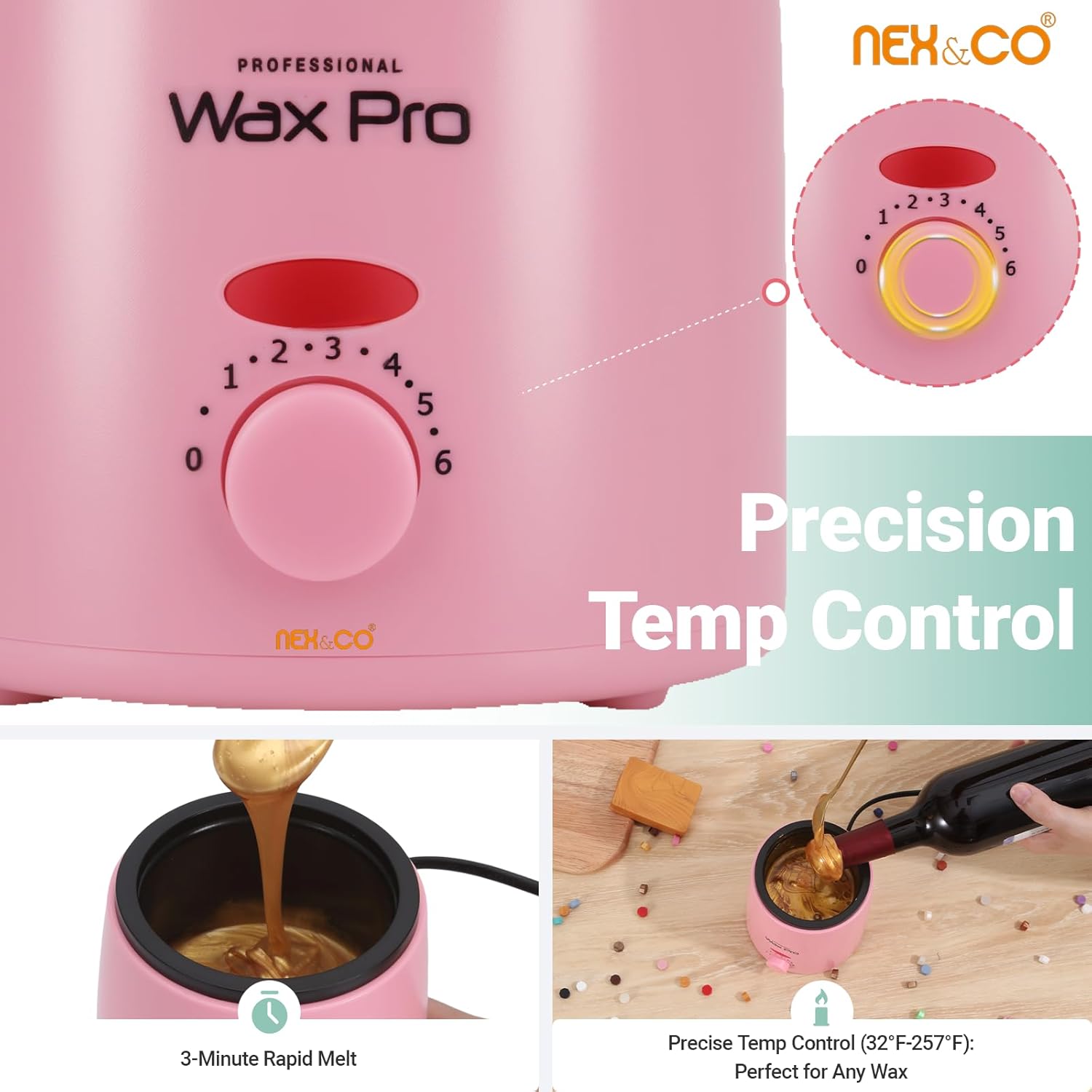 NEX&CO Electric Wax Seal Warmer for Bottles | Adjustable Temperature Wax Melting Pot for Sealing | Fast Heating, Compact Design for DIY Wine, Whiskey, Beer Bottling & Seals (200cc, Pink)