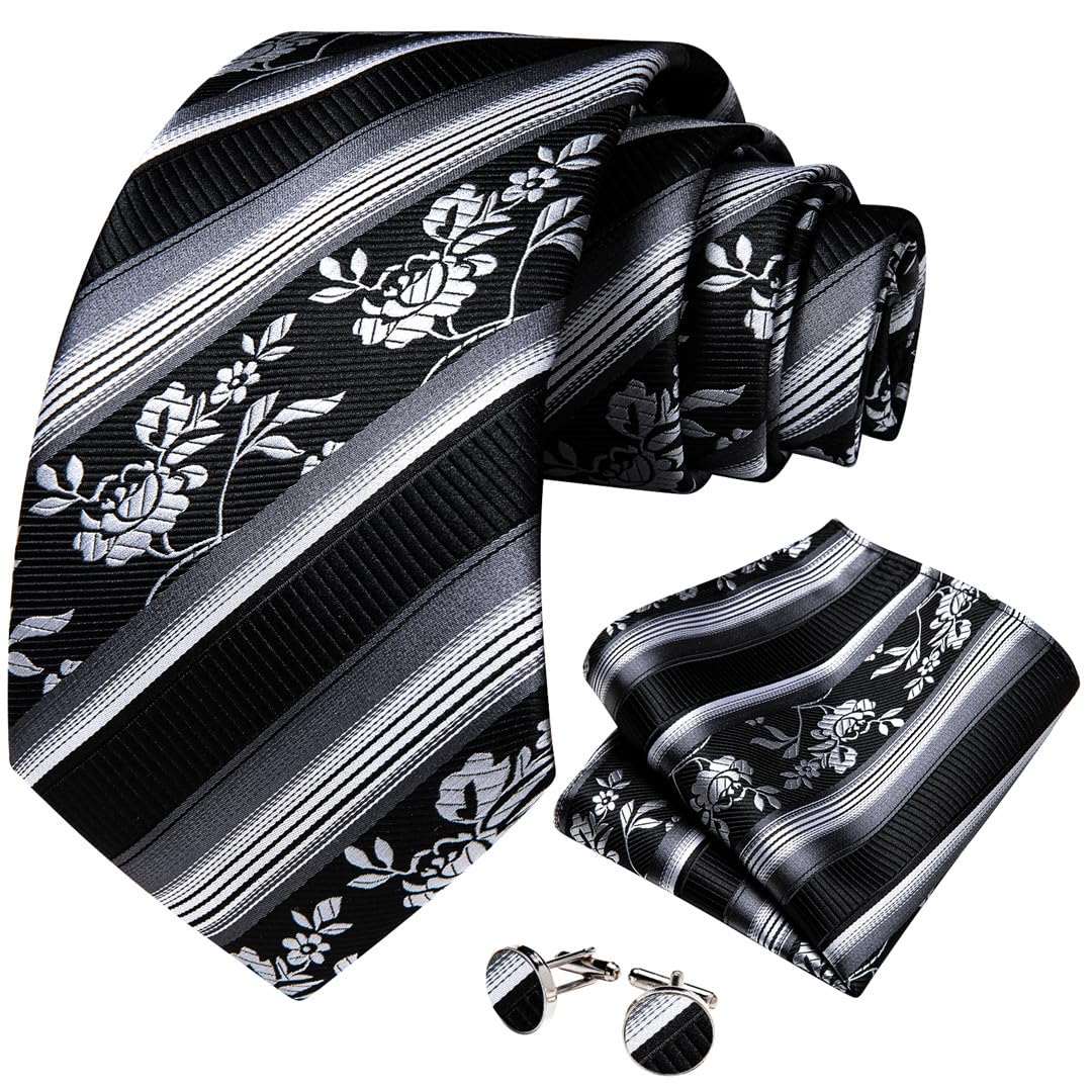 Wvapzxx Herren-Krawatten-Set mit Einstecktuch und Manschettenknöpfen, Schwarz / Weiß gestreift, Seiden-Polyester, Business-Party-Zubehör