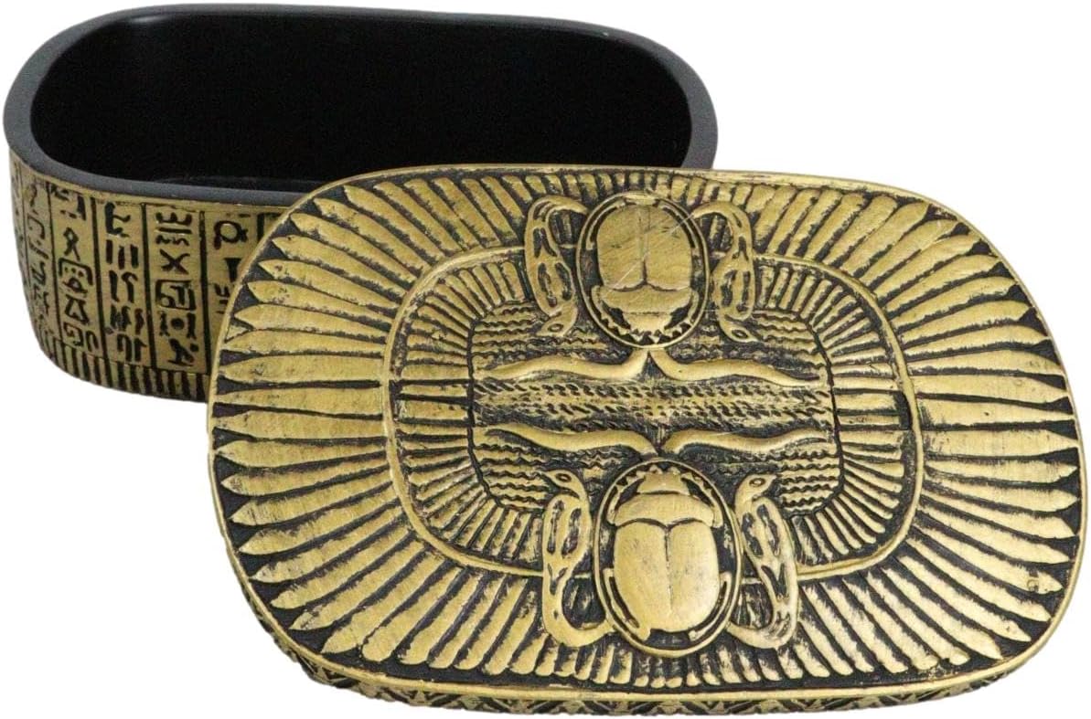 Ebros Gift Golden Ancient Egyptian Dual Cobra Winged Scarab Dung Beetles Decorative Jewelry Trinket Box Figurine With Sacred Hieroglyphs Gods Of Egypt