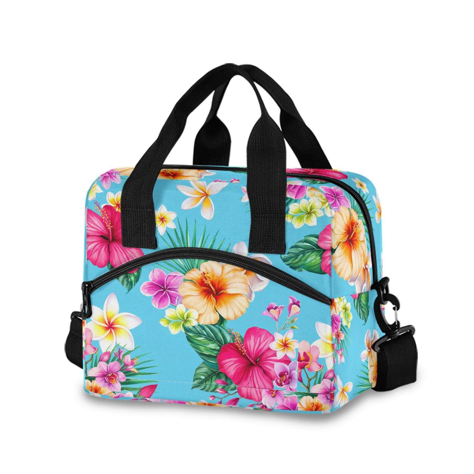 Sinestour Insulated Lunch Bag Reusable Cooler Hibiscus Leaves Blue Lunch Box Adjustable Shoulder Strap for Adults School Office