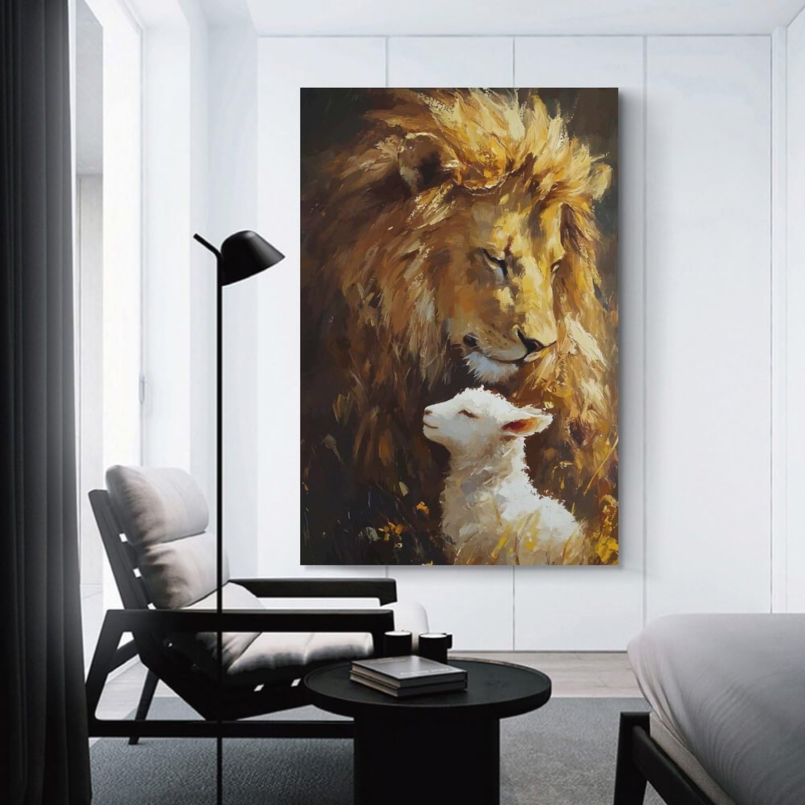 Junmoney Canvas Wall Picture Lion And Lamb Painting, 20x30inch(50x75cm), for Bedroom Decor, Cosy Corners Or Studios, A Warm Accent for Relaxed Interiors