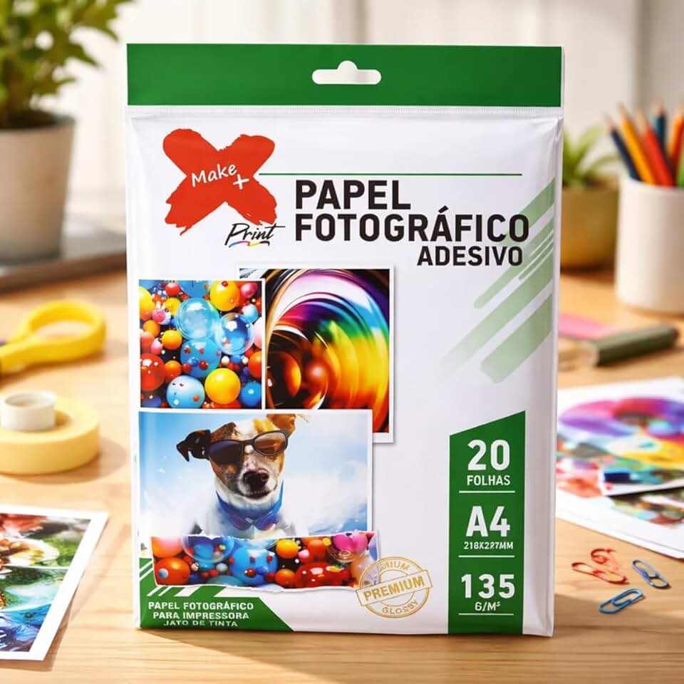 Papel Fotográfico Adesivo A4 Glossy 135g Make+ Alta Resolução para Impressora Fotos Personalizadas 20 ou 50 Folhas (20)