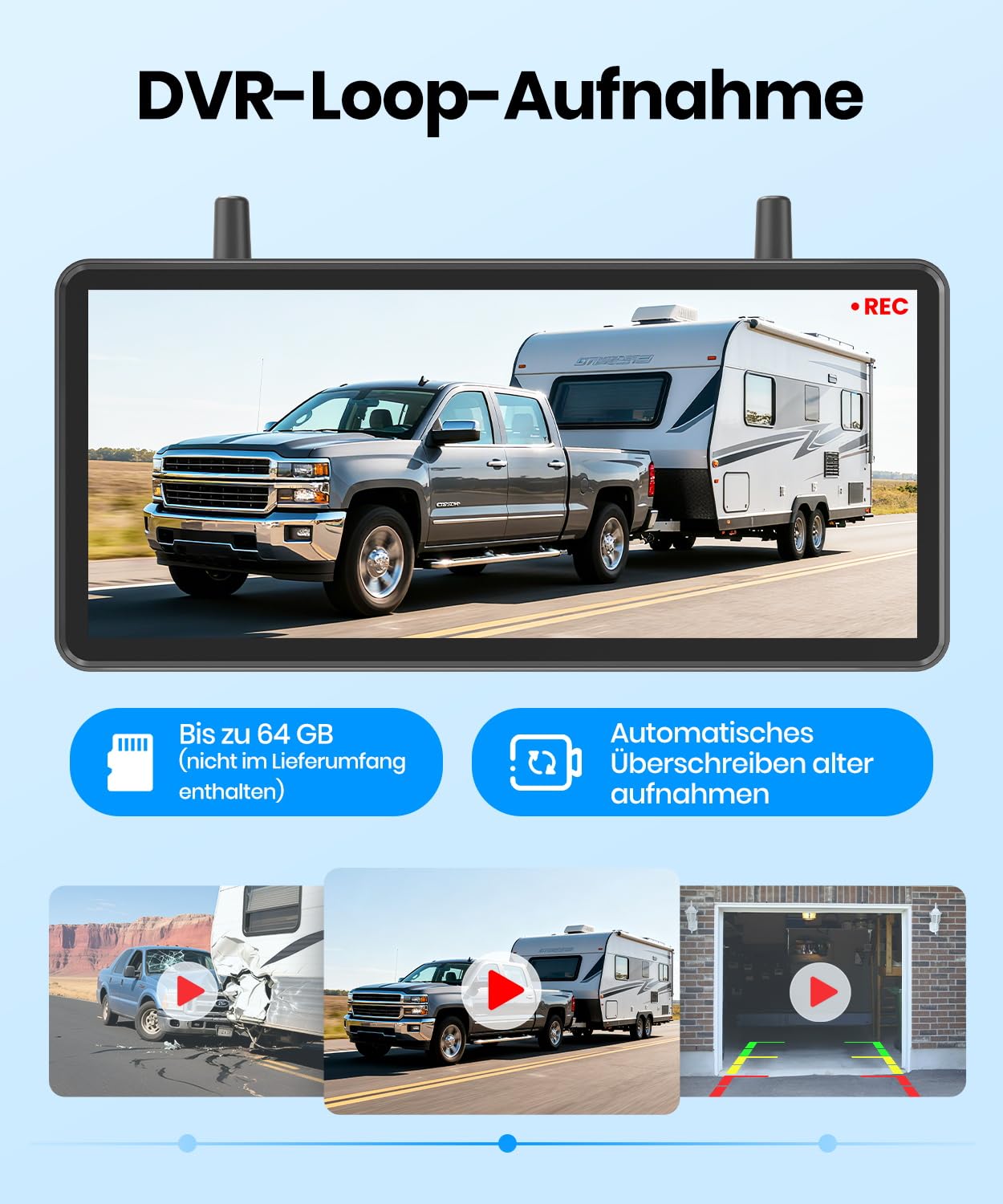 AUTO-VOX Dual Solar Rückfahrkamera Kabellos 7,2" HD Split-Screen Monitor DVR-Aufnahme IP69K für Wohnmobil LKW Anhänger