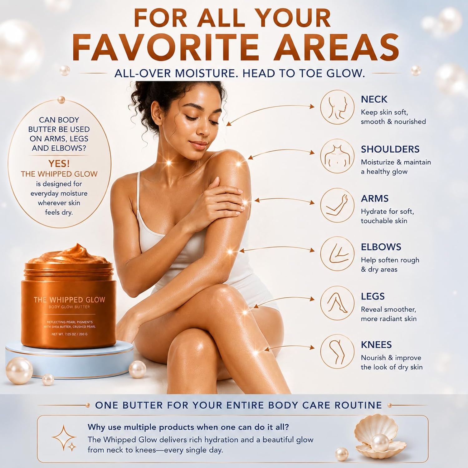 Whipped Glow Body Butter, Pearl-Illuminating Body Moisturizer with Crushed Pearl, for Smooth Radiant Skin, Intense Moisturizing, Soft Radiant Finish for Arms, Legs & Shoulders, 8.1 oz / 230 g