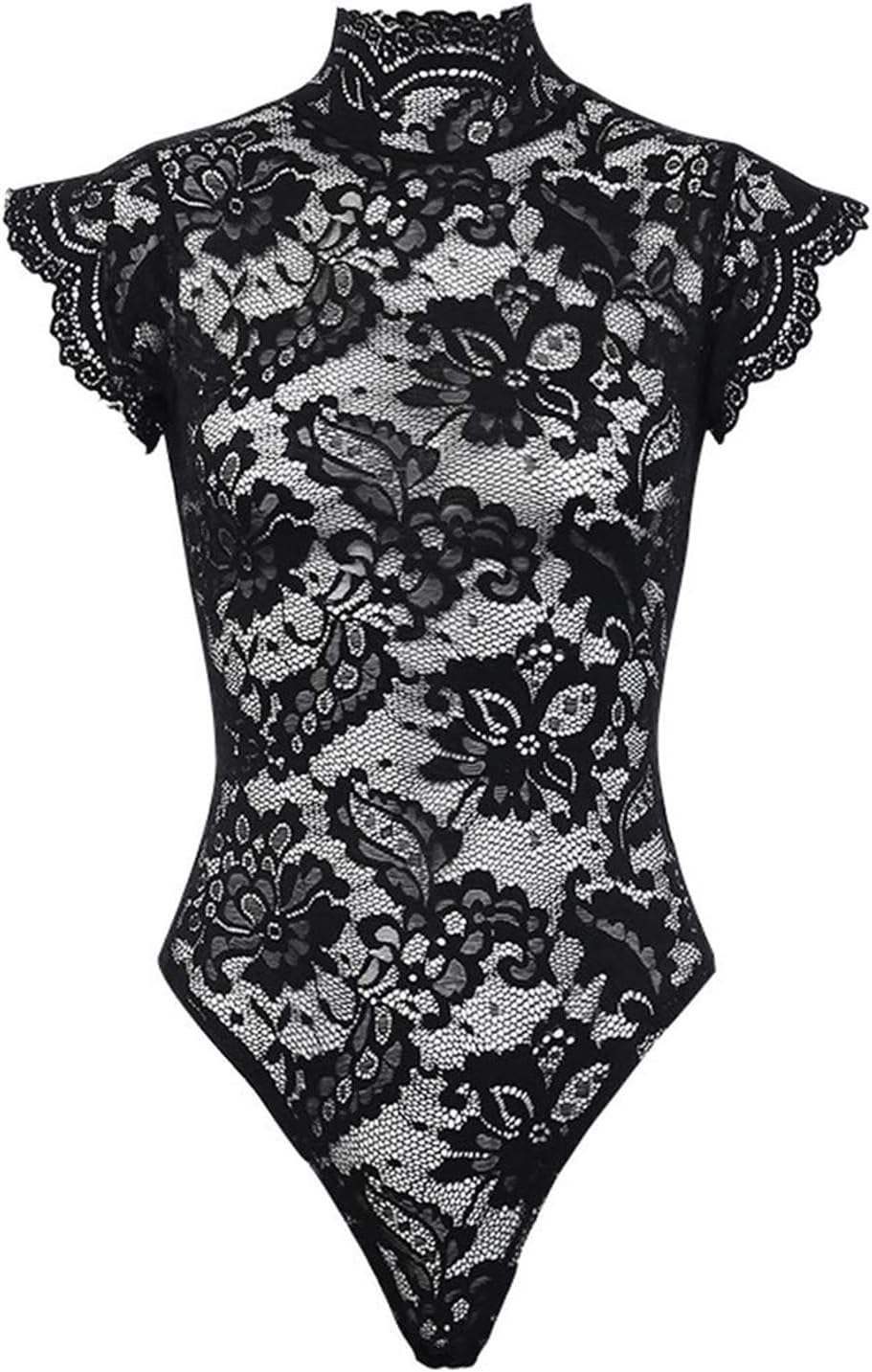 Women's Sexy Lace One Piece Lingerie High Neck Teddy Bodysuit Cross Back Babydoll Sleepwear(Black,S)