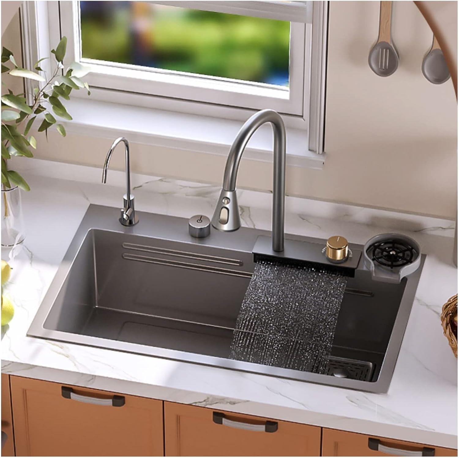 Nano Waterfall Utility Sinks, Multi-Functional Kitchen Embedded Sink, Kitchen Sinks Bar Sinks, with Kitchen Faucet and Sink Accessories (Black 68x46cm)