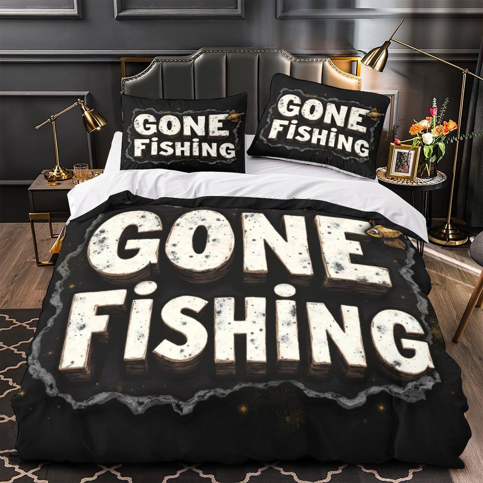 Housse de couette sur le thème de la pêche vintage en microfibre pour chambre d'homme rustique