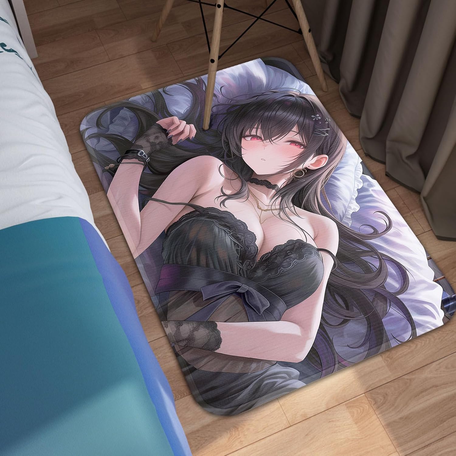 Japanese Midnight Date Sexy Anime Girl Floor Mat, Gaming Room Anime Area Rug, Non-Slip Gothic Waifu Aesthetic Decor, Bedroom Runner for Game Room Decor, Game Setup (32" x 20")