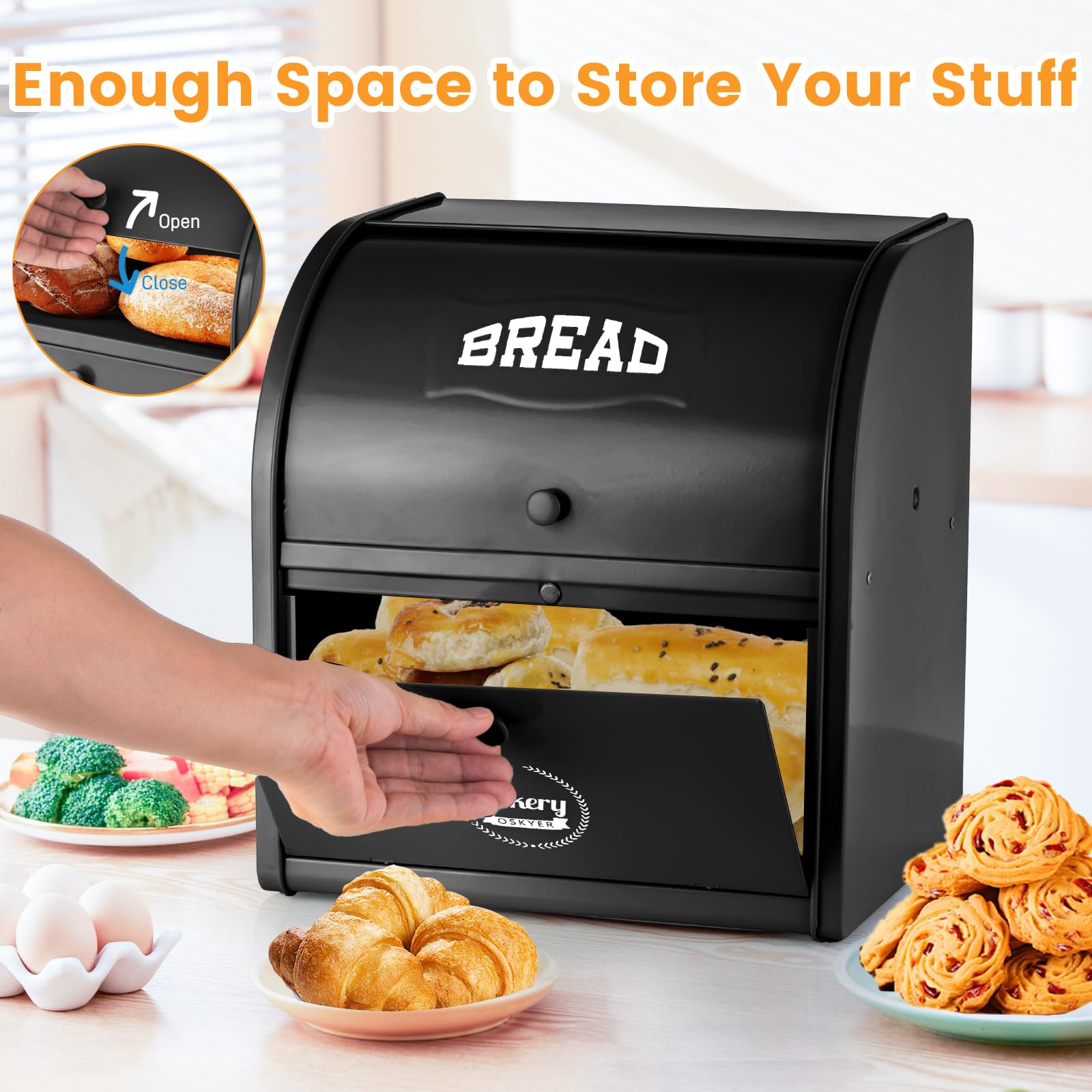 Panera de metal para encimera de cocina, contenedor de almacenamiento de pan de doble capa, contenedor de almacenamiento de alimentos para encimera de cocina en el hogar, color negro
