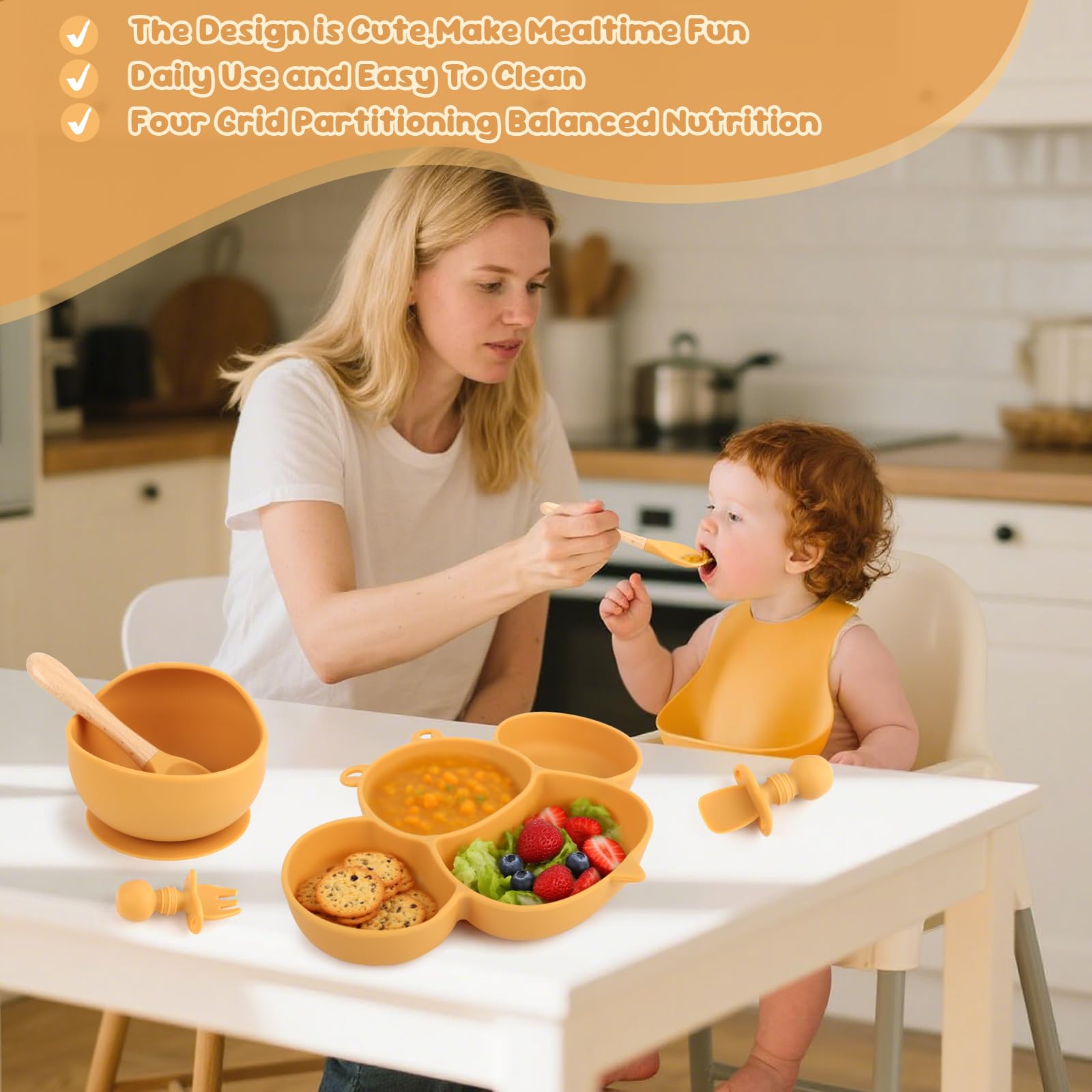Set Repas Bébé,Silicone Antidérapant avec Ventouse, 8 pièces : Assiette Bebe Ventouse, Assiette pour Enfant avec Ventouse, Gobelet en Silicone, Cuillère, Fourchette, Bavoir, Gobelet, Jaune