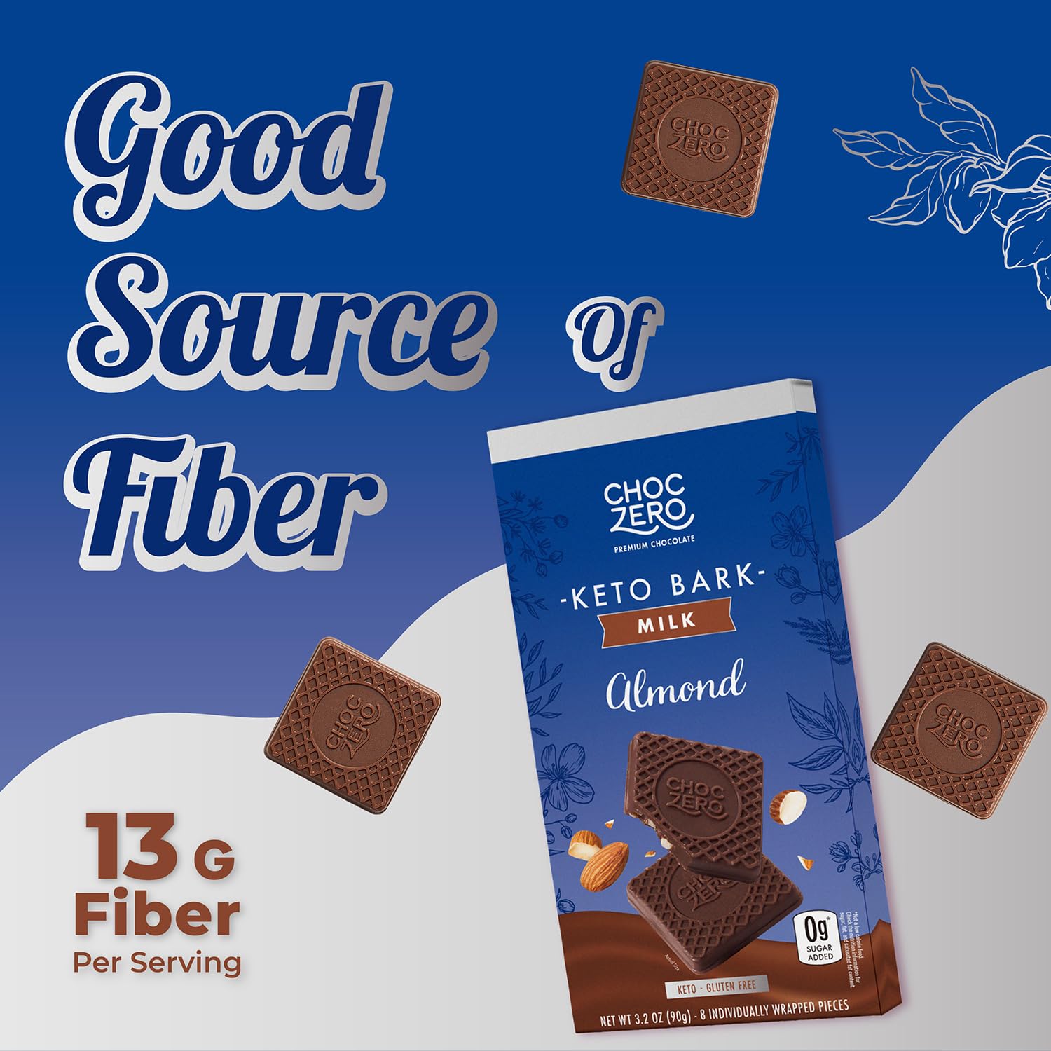ChocZero Milk Chocolate Almond Bark, No Added Sugar, Low Carb, High Fiber, Keto Friendly, No Sugar Alcohols (4 Count, 3.2oz Boxes)