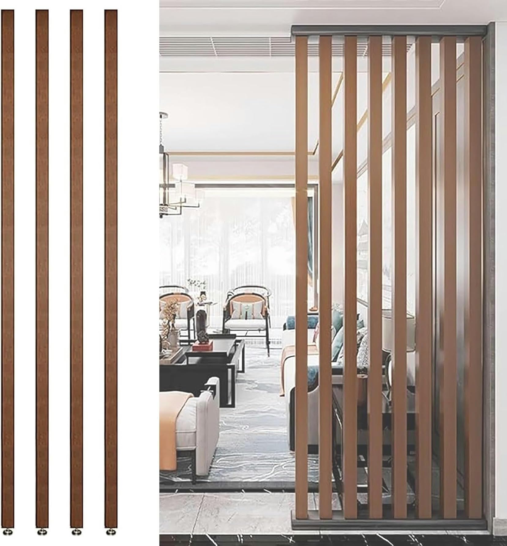 Elegancka ścianka działowa z drewnianymi listwami, wolnostojąca, regulowana ścianka działowa, do restauracji i biura, regulowana wysokość 70-230 cm, stylowy separator przestrzeni