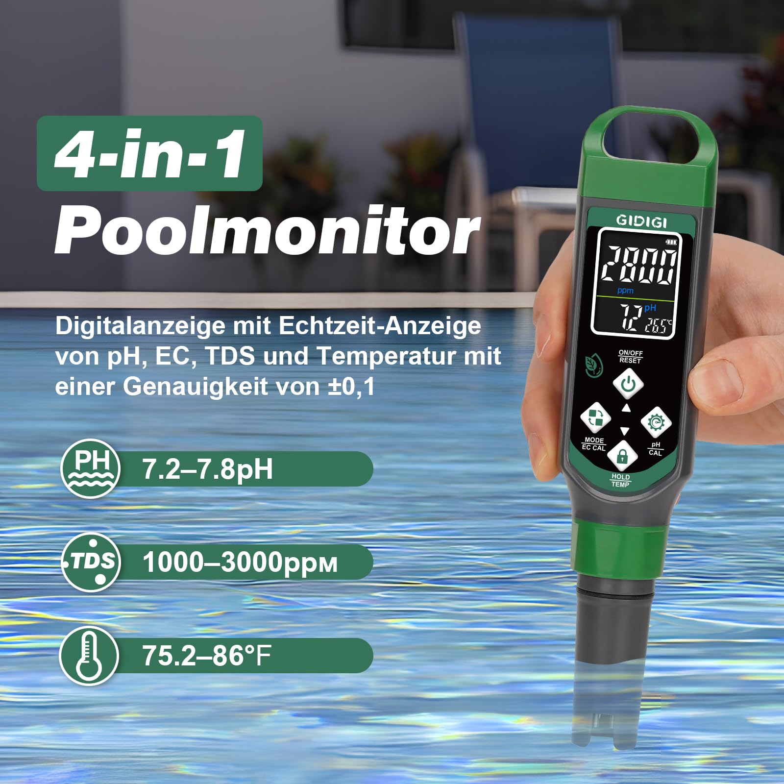 pH Messgerät für Hydrokulturen, pH Messgerät für Pool, TDS EC Messgerät mit Farbdisplay, pH Wert Wassertester Multiparameter für Aquarium, TDS Trinkwasser Tester, hohe Genauigkeit 0,01