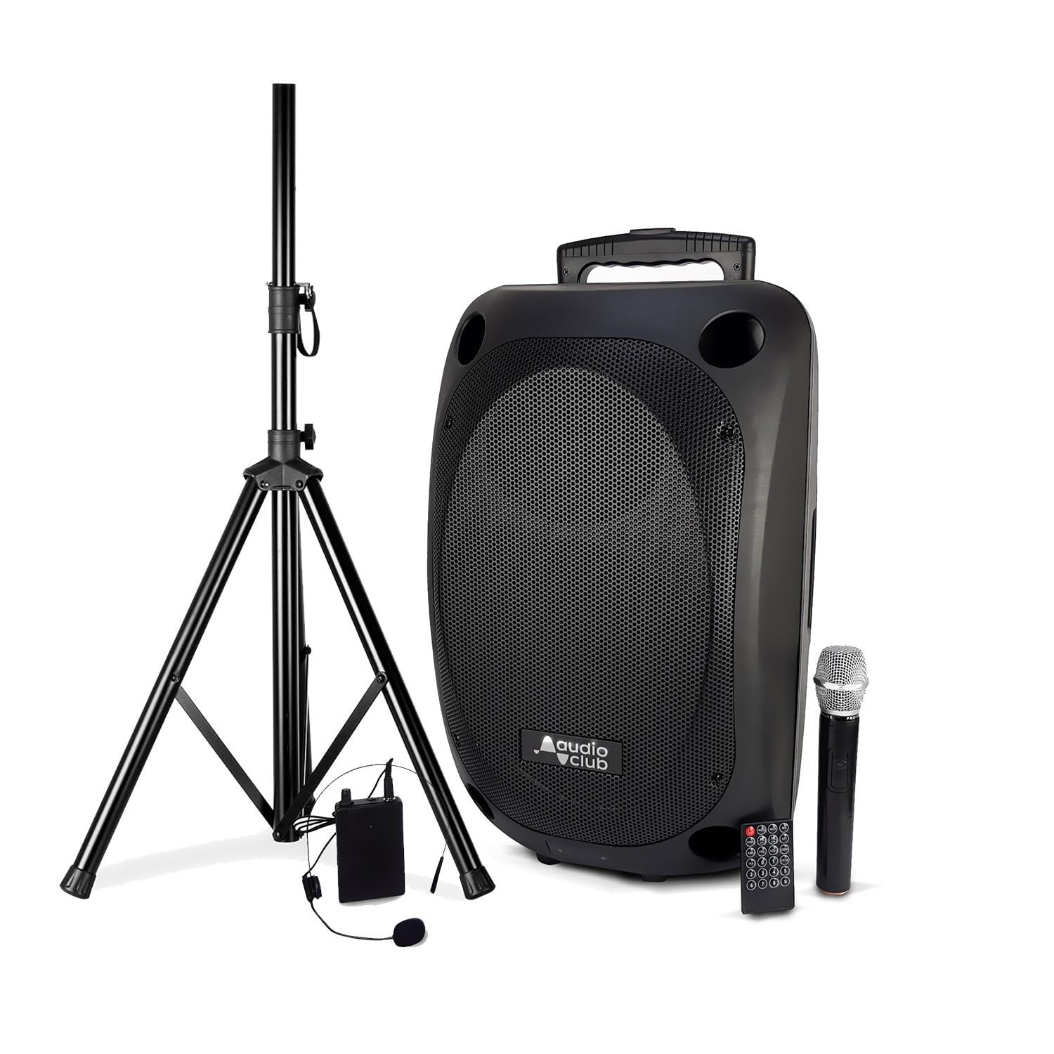 Altoparlante Pro portatile 12" 350/700 W – Audio Club MOOV12 – USB BT Line FM – Batteria – 2 microfoni UHF + supporto PIED