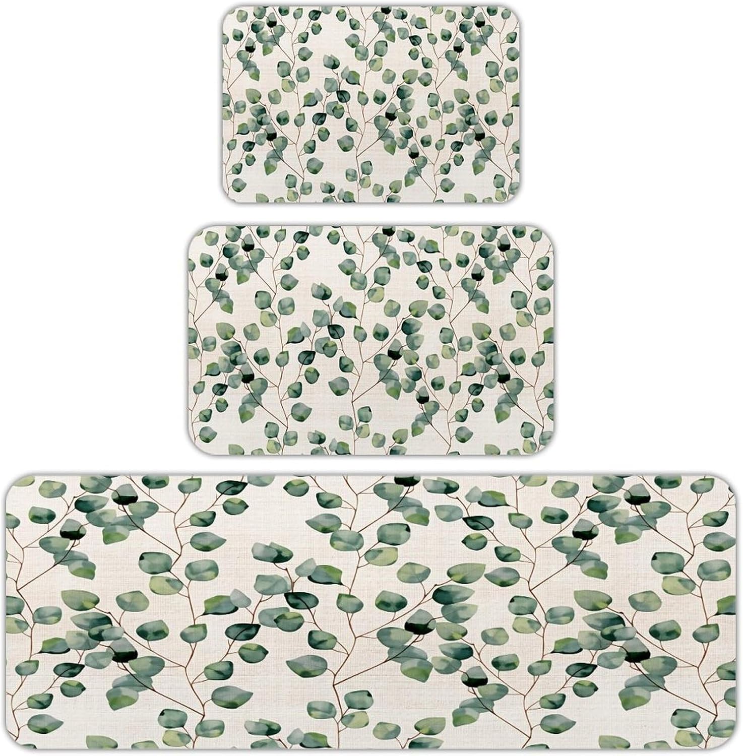 Olive Branch Pattern Kitchen Rug Mats for Floor 3 Pieces Set Non Slip Absorbent and Washable Kitchen Decorations with Natural Botanical Design for Modern Home Use