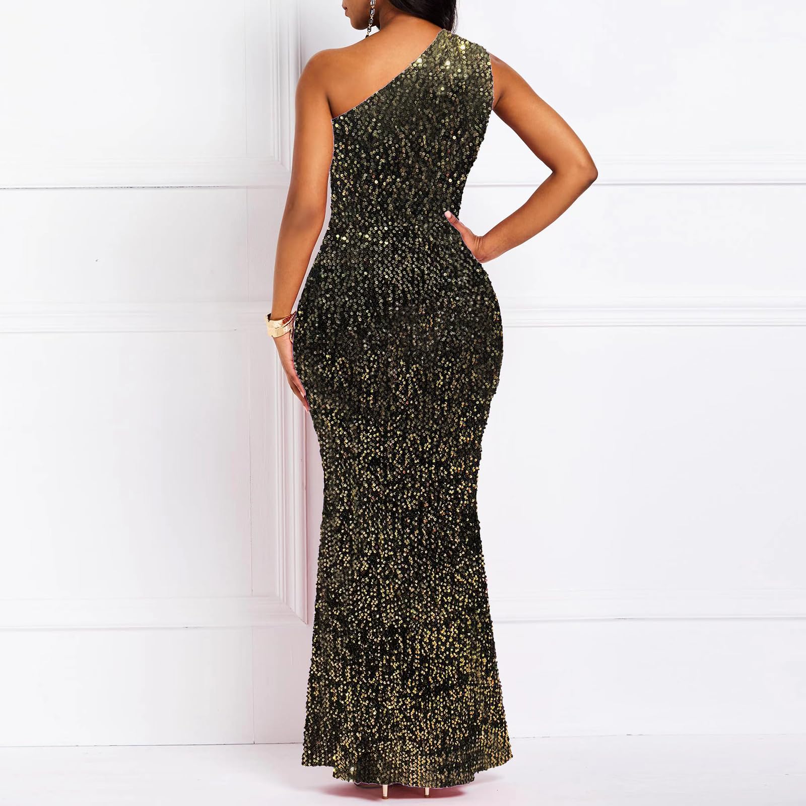 VERWIN Vestido largo de lentejuelas sin mangas con cuello oblicuo para mujer, vestido de fiesta