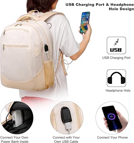Miniatura 2 de Mochila escolar deportiva, mochila ligera de viaje para laptop, bolsa de libros para computadora universitaria para más de 3 años, Beige