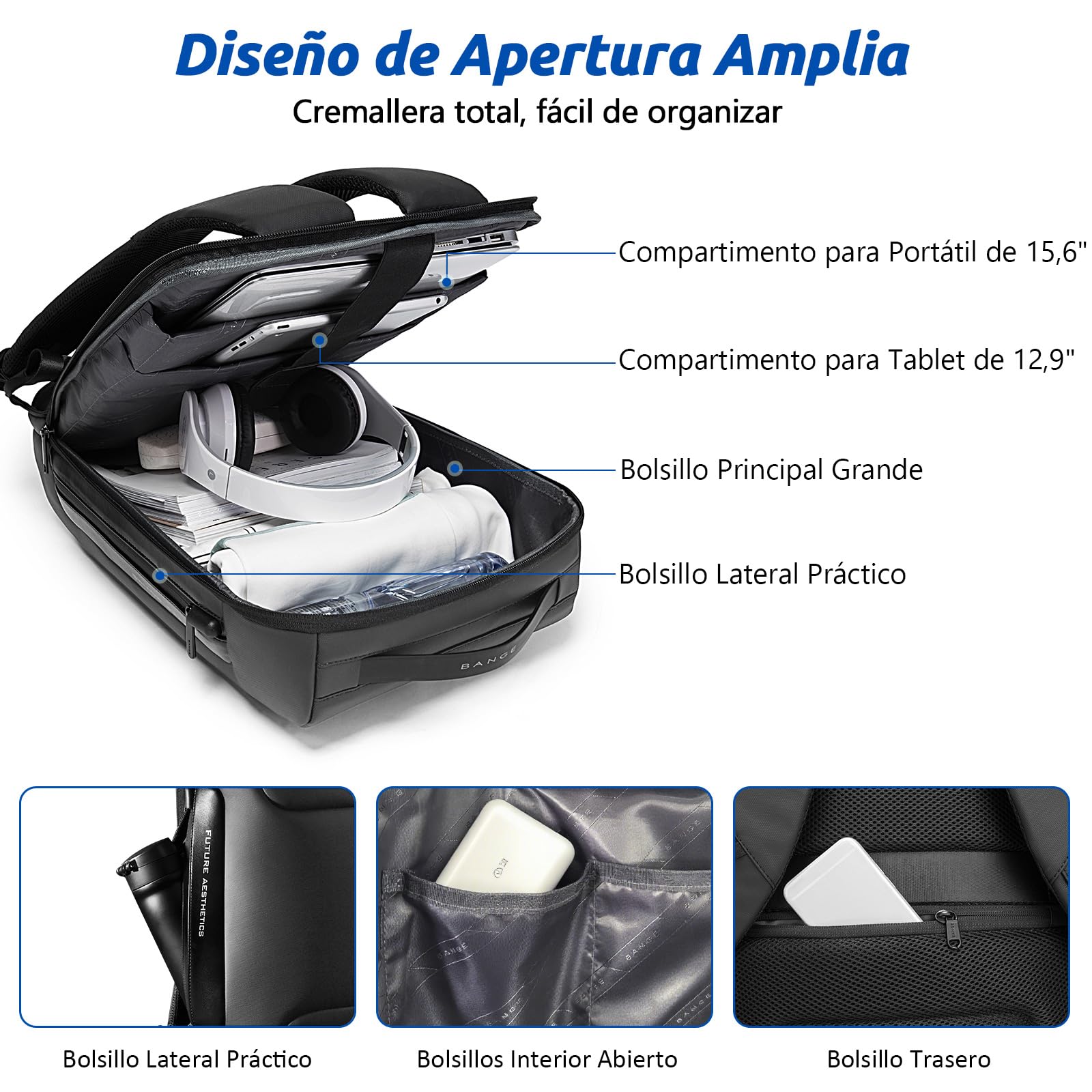 VARLIVOO Hombre Mochila USB Port Estudiante Mochila 15,6" Portátil Universitaria Anti-Robo Contraseña Cerradura Mochila de Hombre Trabajo Viajar Colegio Impermeable Polyester Gris