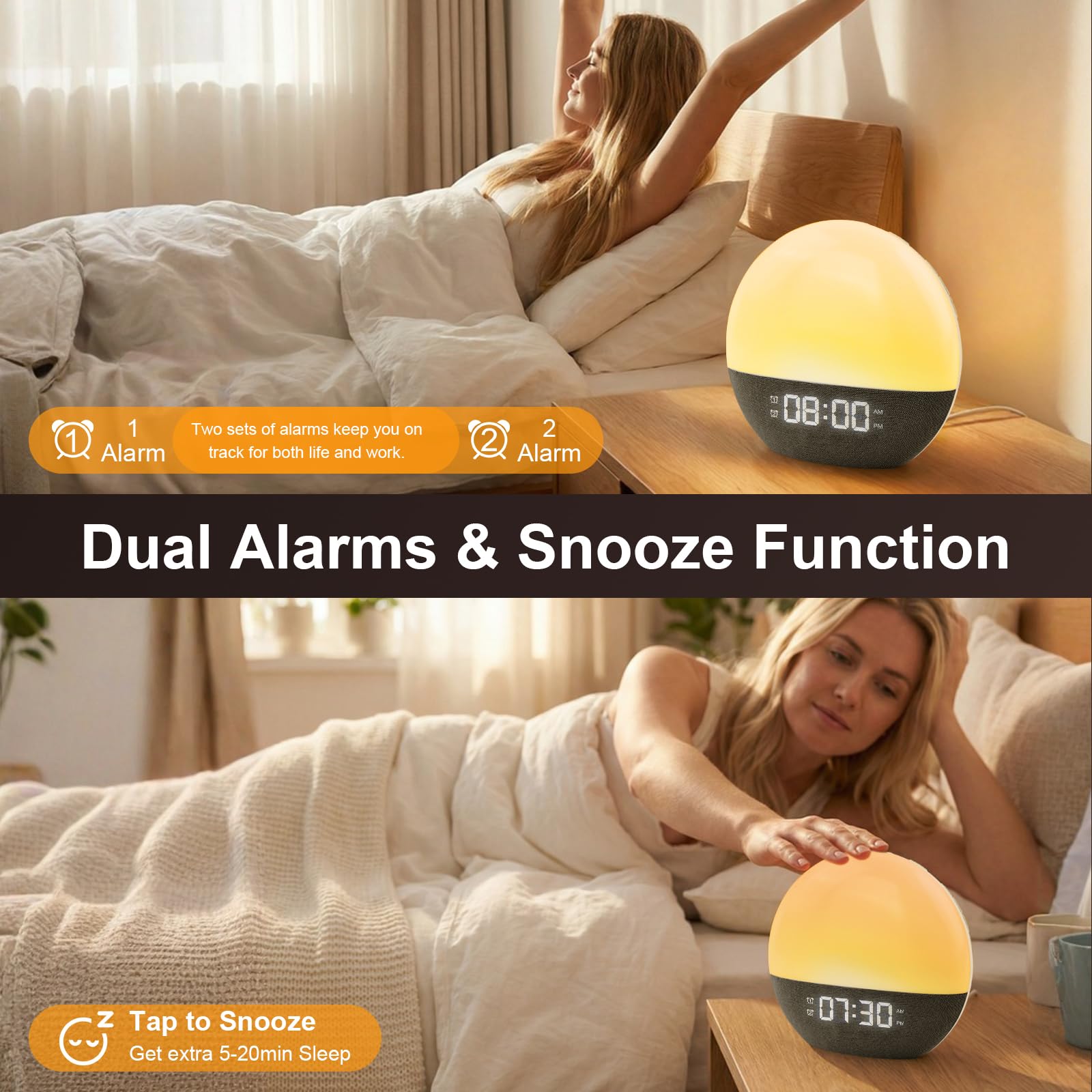 Sunrise Alarm Clock, Despertador Luz Natural, 10 Luces de Colores, 24 Sonidos Naturales