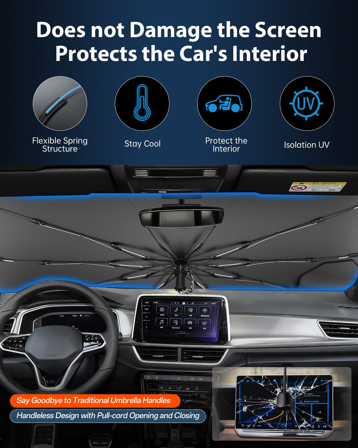 Ruiya 2026 Upgrade Parasol Coche Delantero Compatible con VW T-Roc 2018-2025, Paraguas Plegable Aislamiento Térmico, Protección UV, Accesorios para Parabrisas