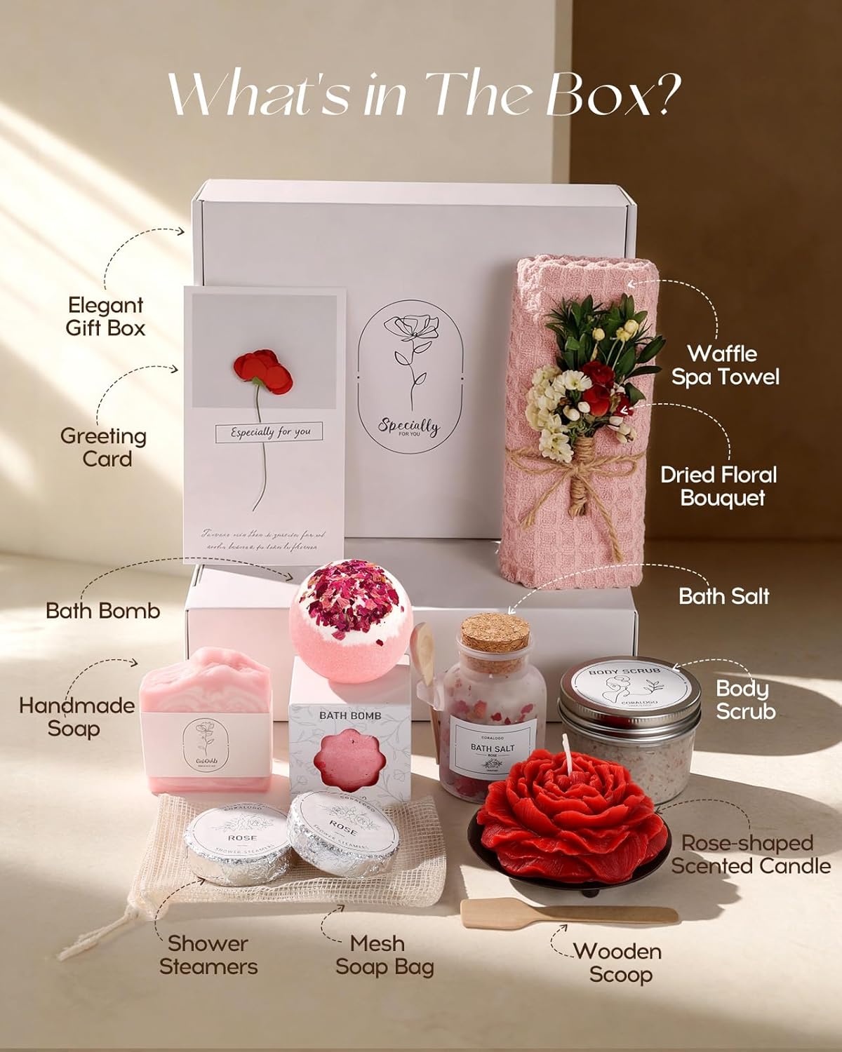 Coralogo Rose Spa Gifts for Women - 12pc Self-care Spa Gift Basket with Scented Candle, Bath Salt, Greeting Card - Thinking of You Basket for Her Birthday, Christmas, Mother's Day, Valentine's Day - Image 2