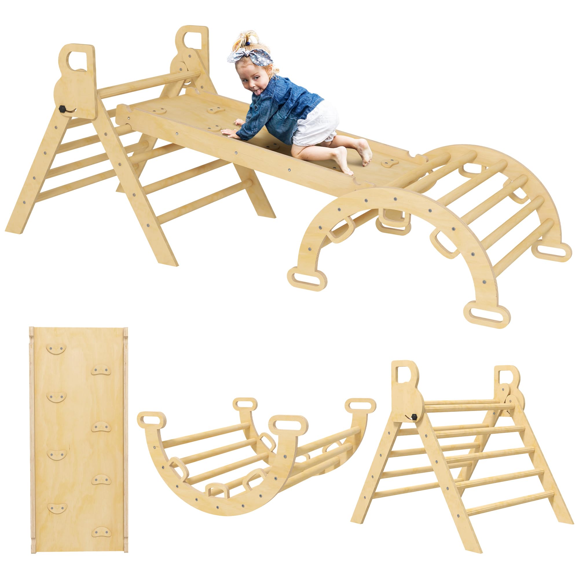 AIYAPLAY Triangle Arche d'escalade Enfants 5 en 1 50 kg Effet Bois Naturel | Avec Triangle d'Escalade, Rampe Réversible, Toboggan, Bascule, pour Bébé 18-48 Mois, Parcours Motricité Bébé
