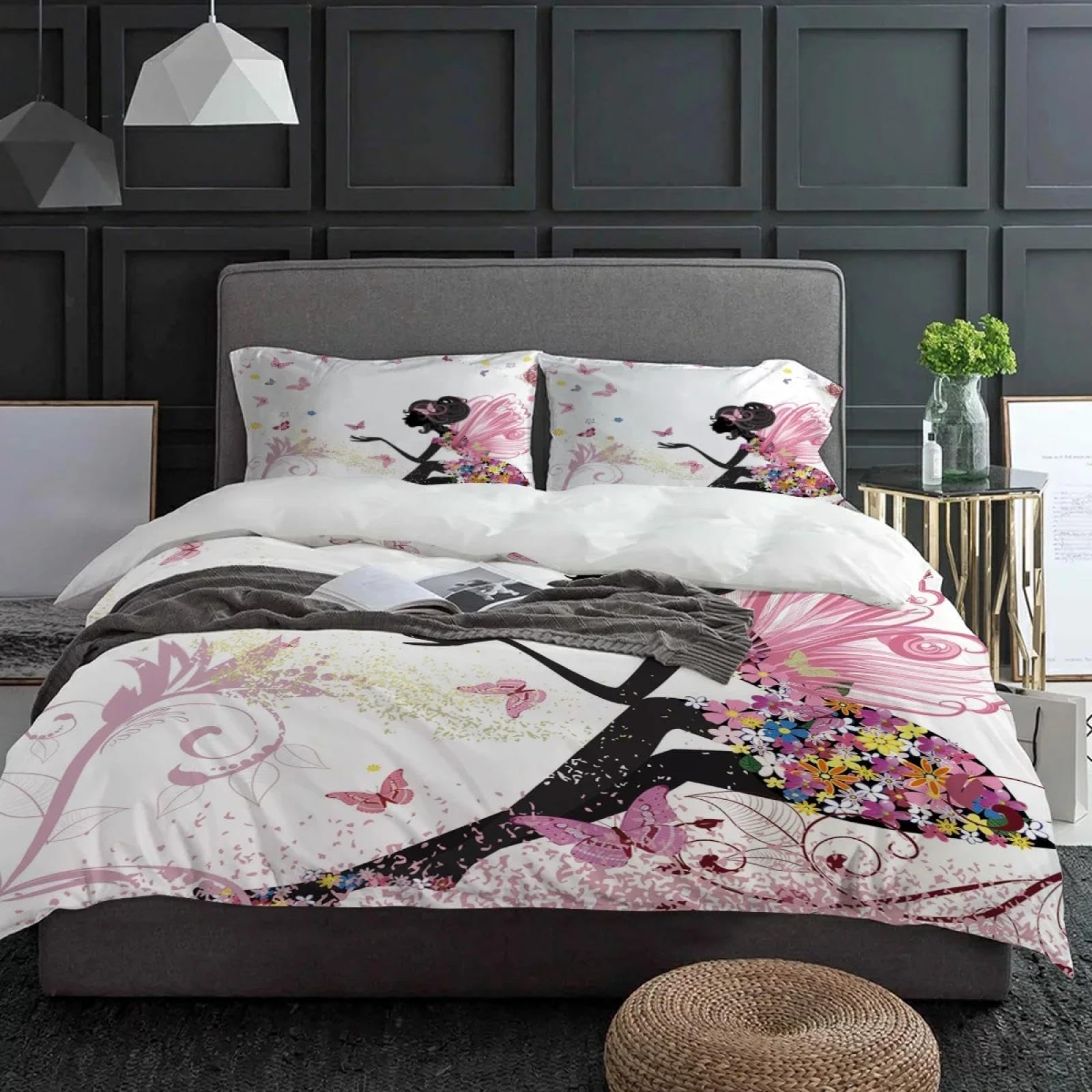 Housse de couette papillon fleur fée fille rose lit double 150x200cm parure de lit 3 pièces