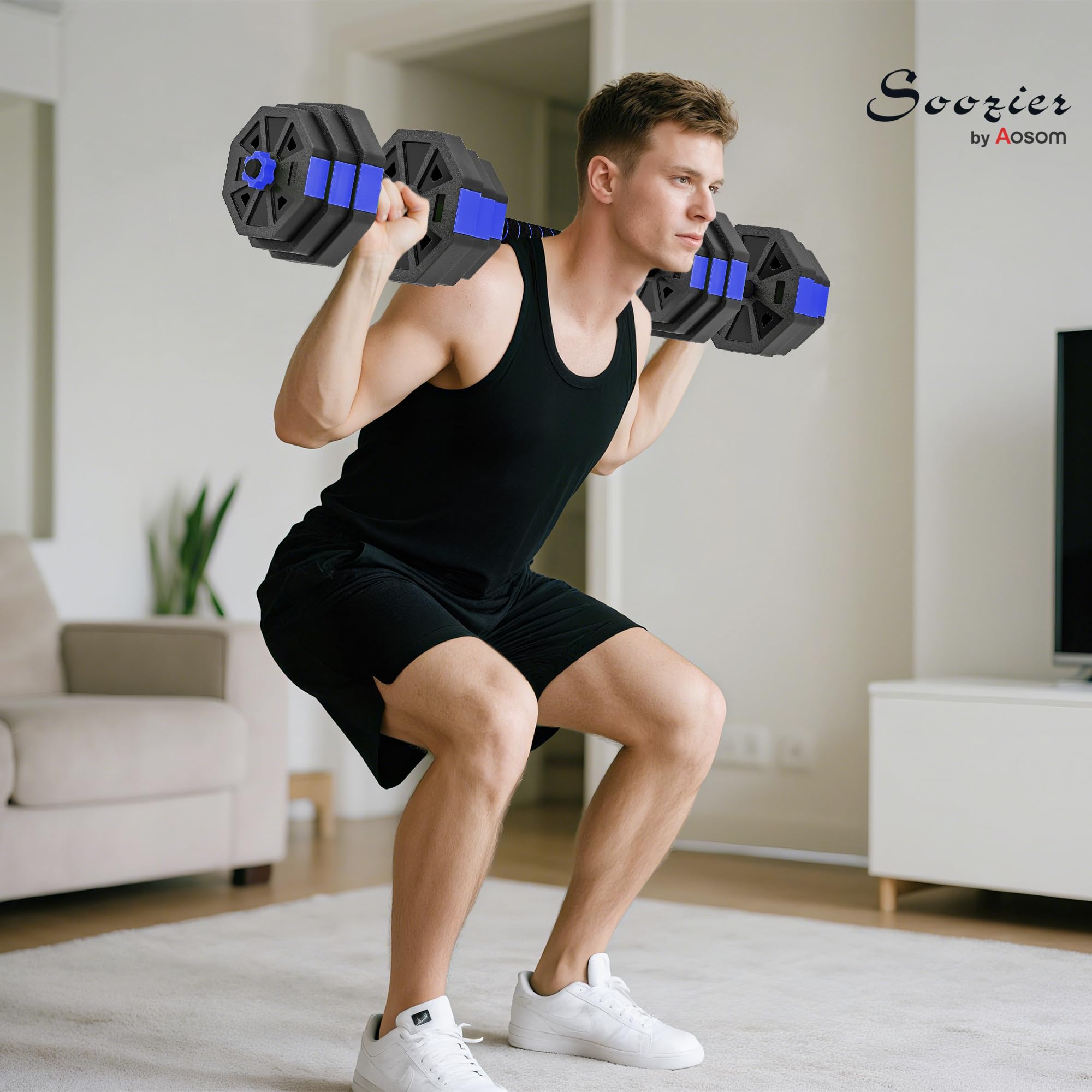 SPORTNOW Ensemble d'Haltères Musculation 6-en-1 Haltères Réglables 20/25/30 kg Antidérapantes, Kettlebell, Barre de Musculation ou Support pour Pompes pour Fitness à Domicile, Bleu et Noir