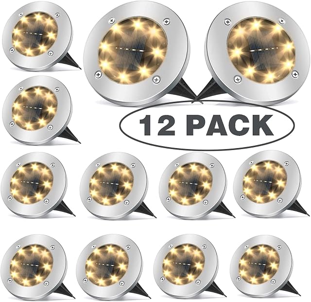 Torchtree Solar Lights Outdoor Garden, 12 Pack Solar Ground Lights, Disk Lights Decking Lights Solar Powered for Lawn Pathway Yard Landscape Walkway